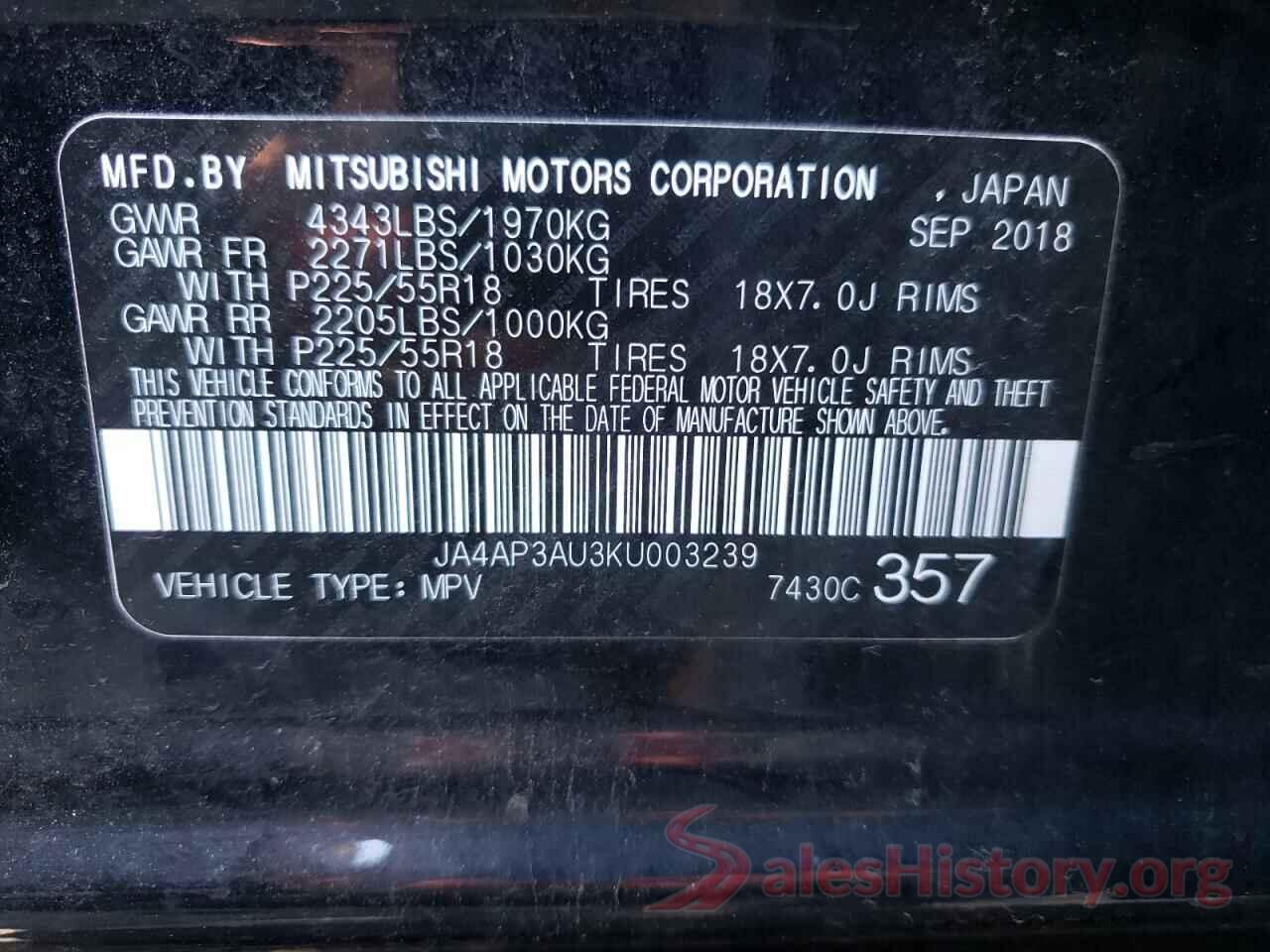 JA4AP3AU3KU003239 2019 MITSUBISHI OUTLANDER