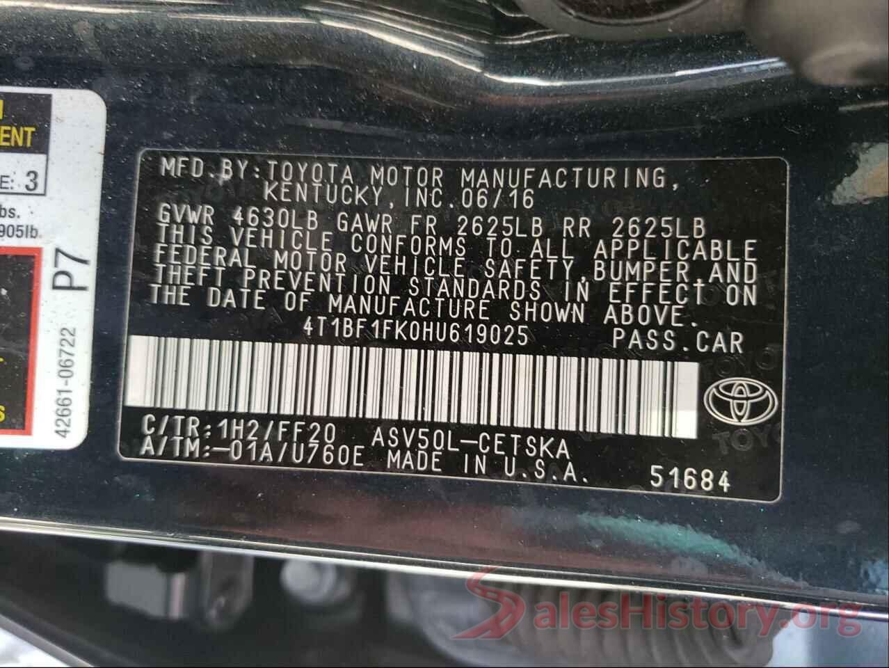 4T1BF1FK0HU619025 2017 TOYOTA CAMRY