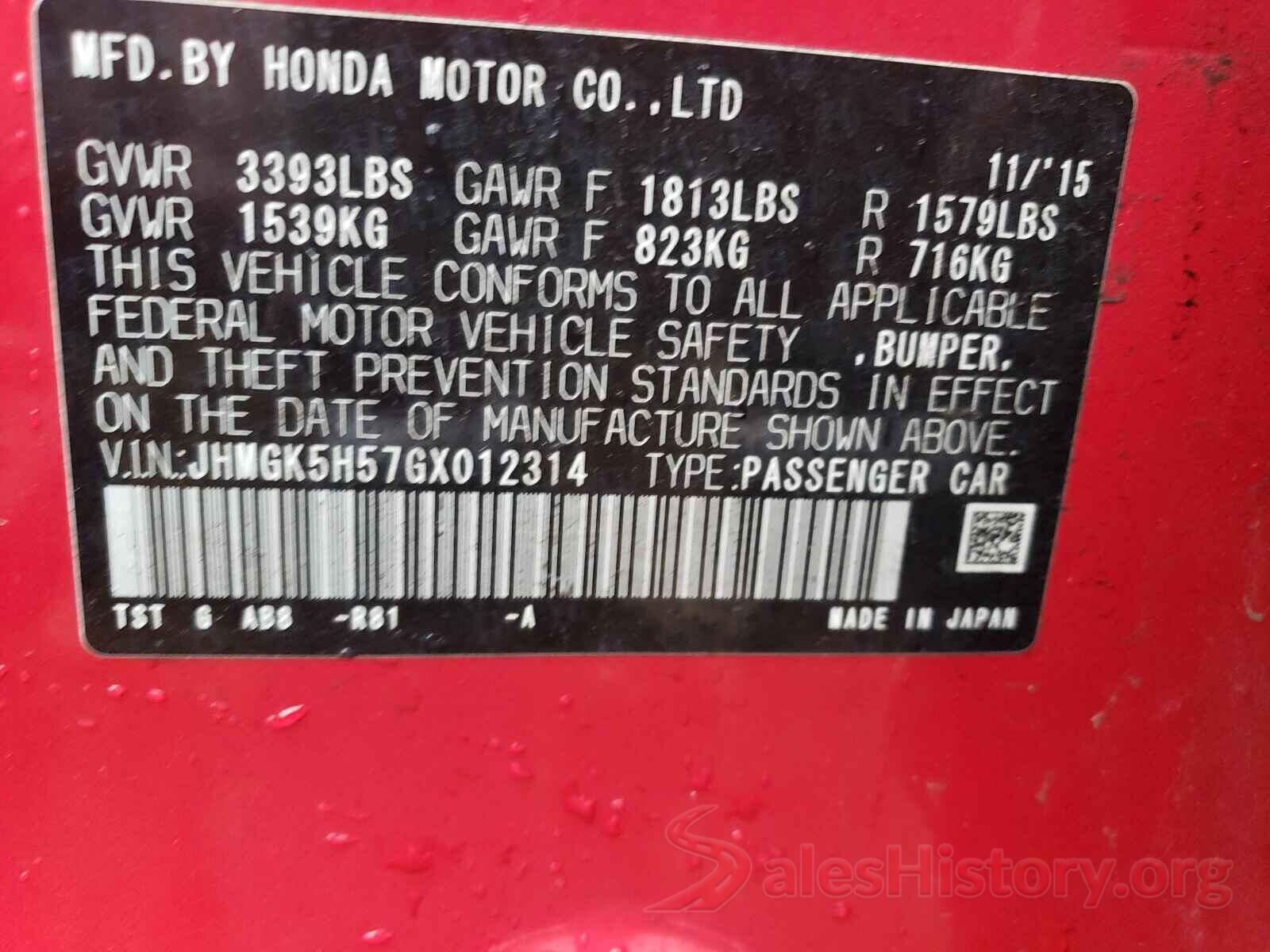 JHMGK5H57GX012314 2016 HONDA FIT