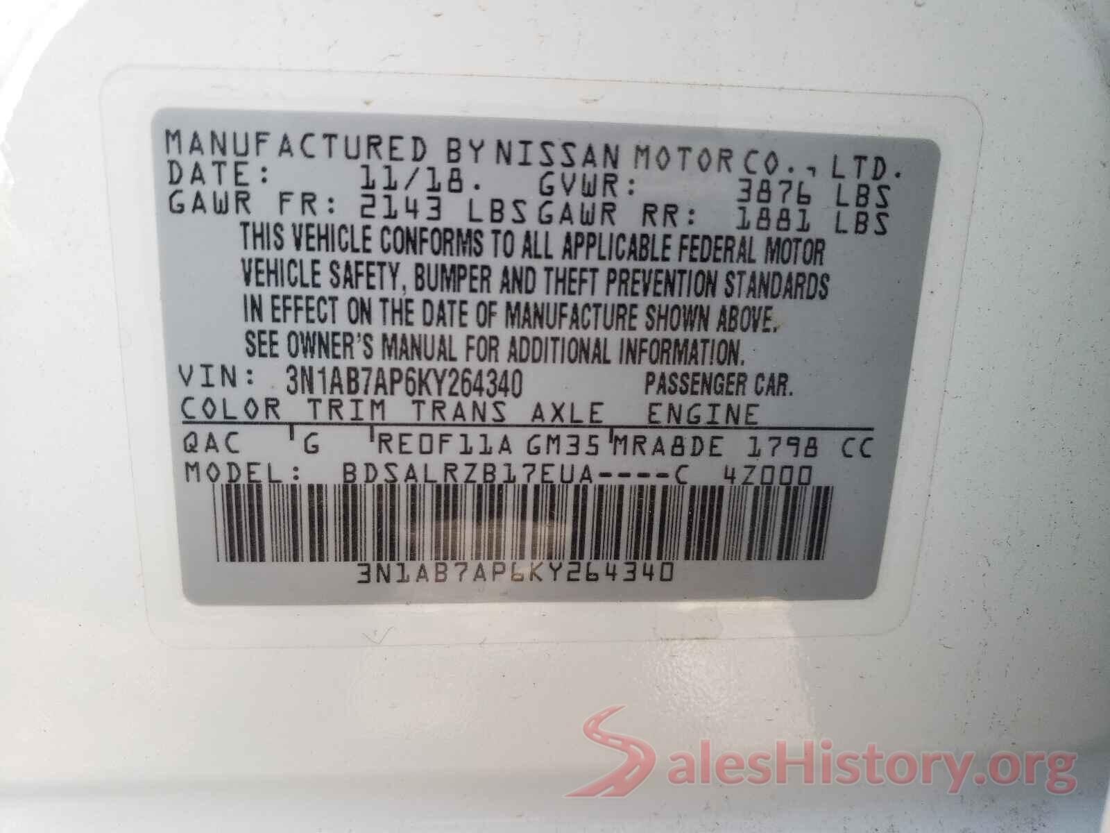 3N1AB7AP6KY264340 2019 NISSAN SENTRA