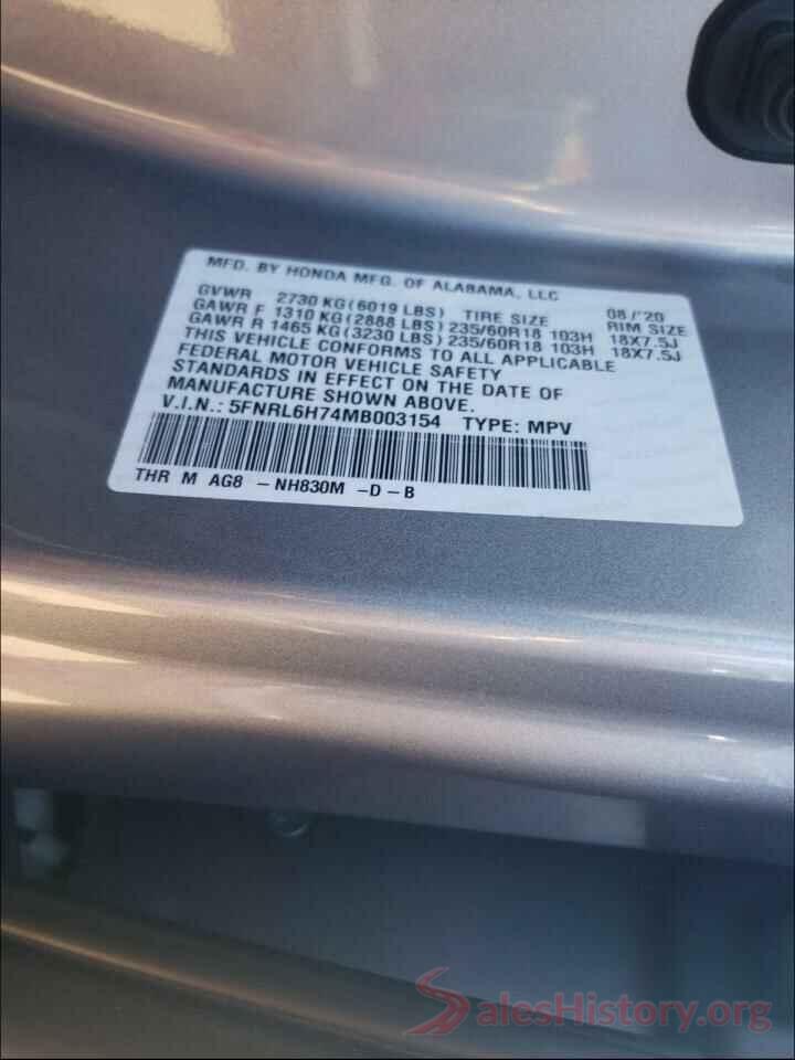 5FNRL6H74MB003154 2021 HONDA ODYSSEY