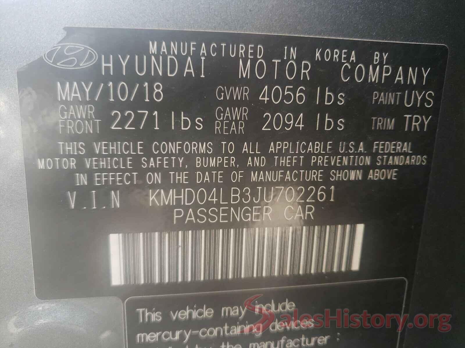 KMHD04LB3JU702261 2018 HYUNDAI ELANTRA