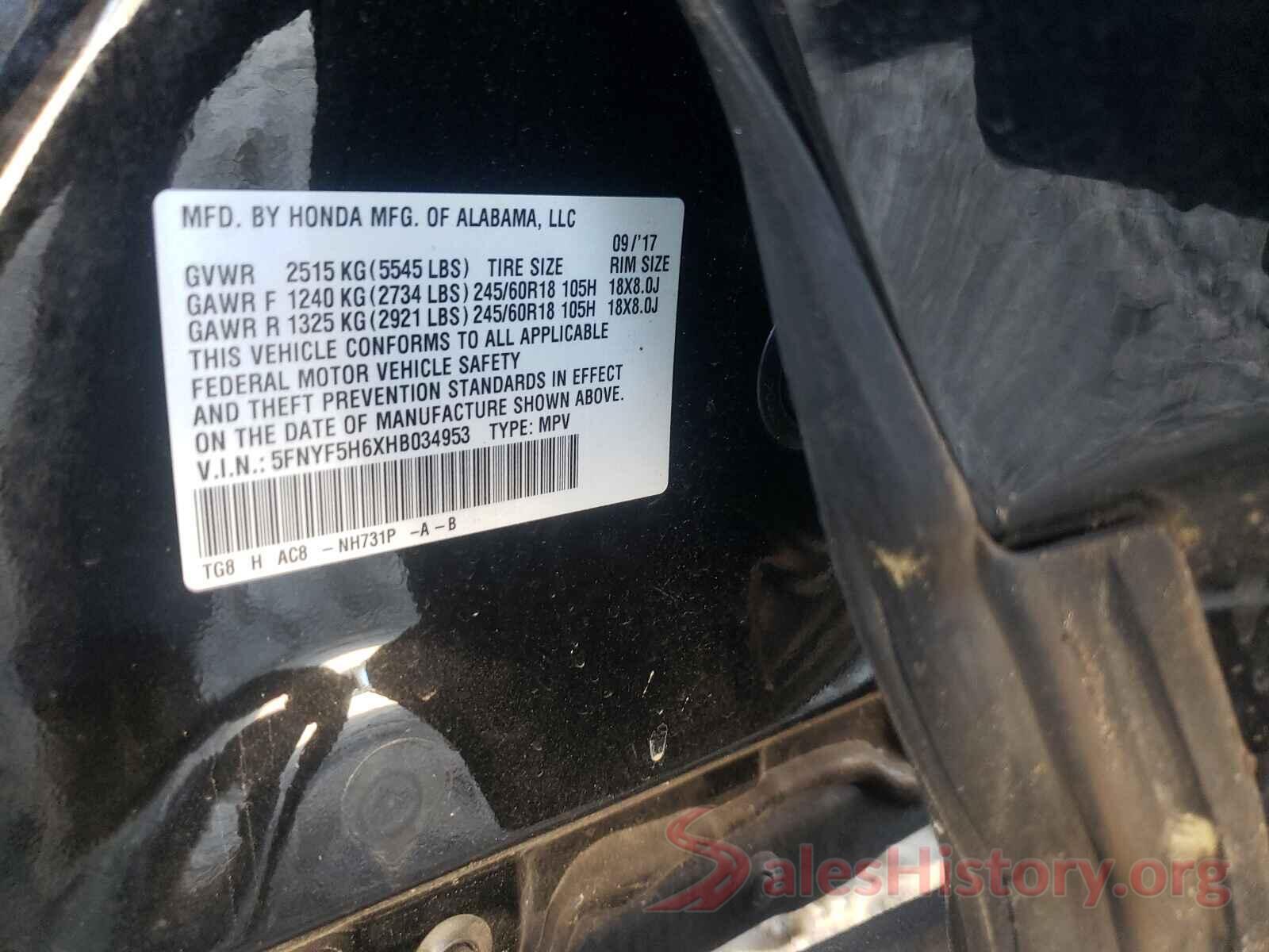 5FNYF5H6XHB034953 2017 HONDA PILOT