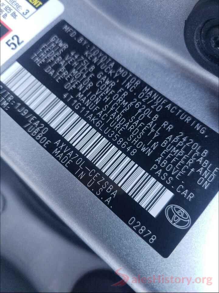 4T1G11AK6LU358648 2020 TOYOTA CAMRY