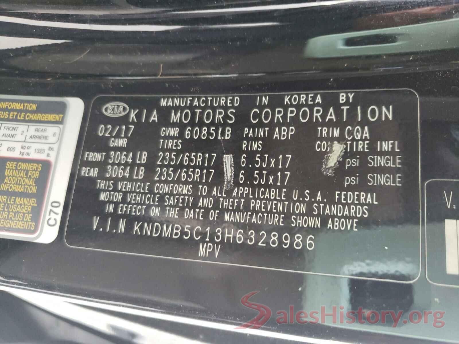 KNDMB5C13H6328986 2017 KIA SEDONA