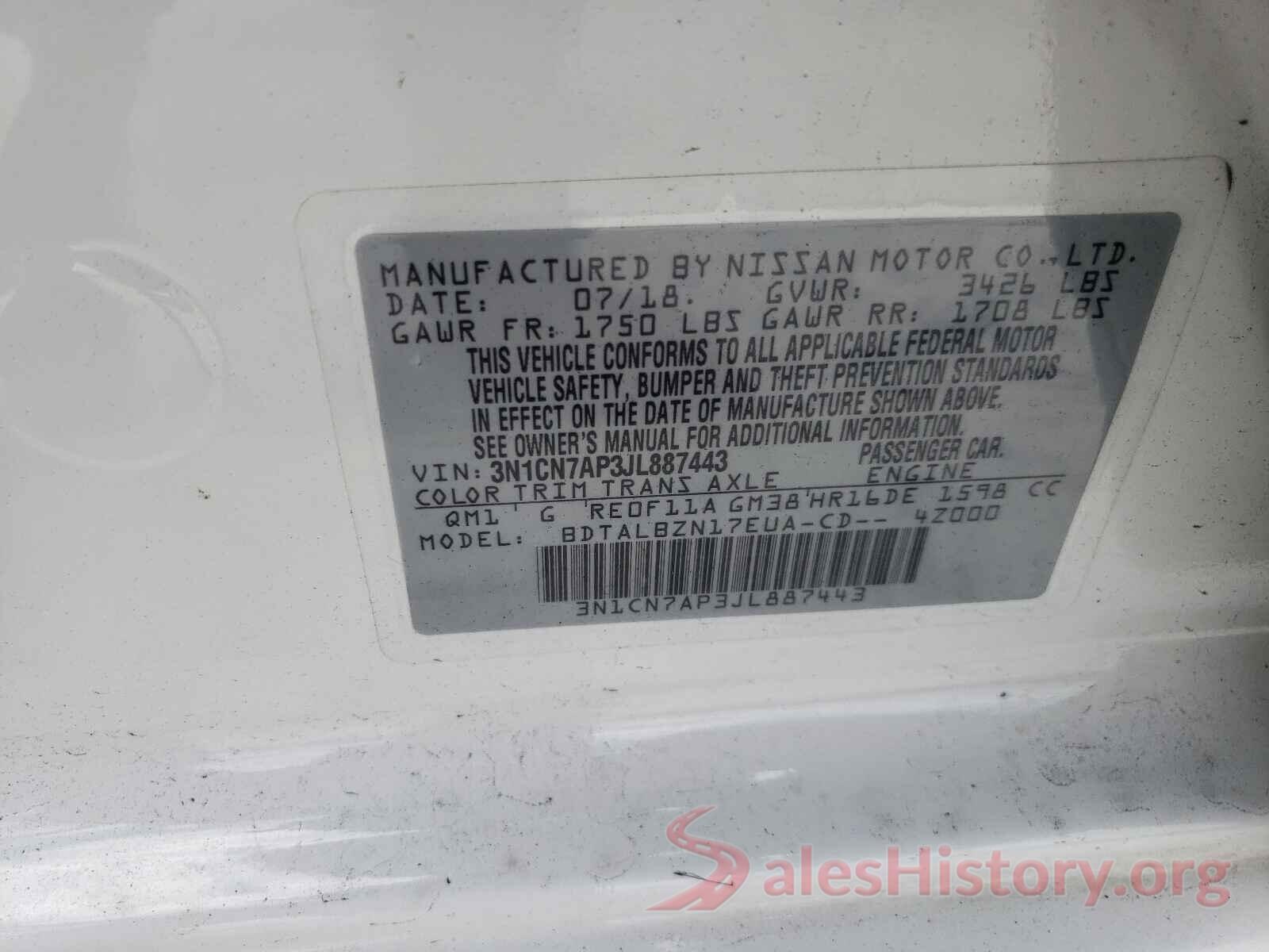 3N1CN7AP3JL887443 2018 NISSAN VERSA