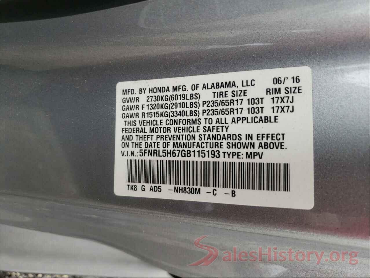 5FNRL5H67GB115193 2016 HONDA ODYSSEY