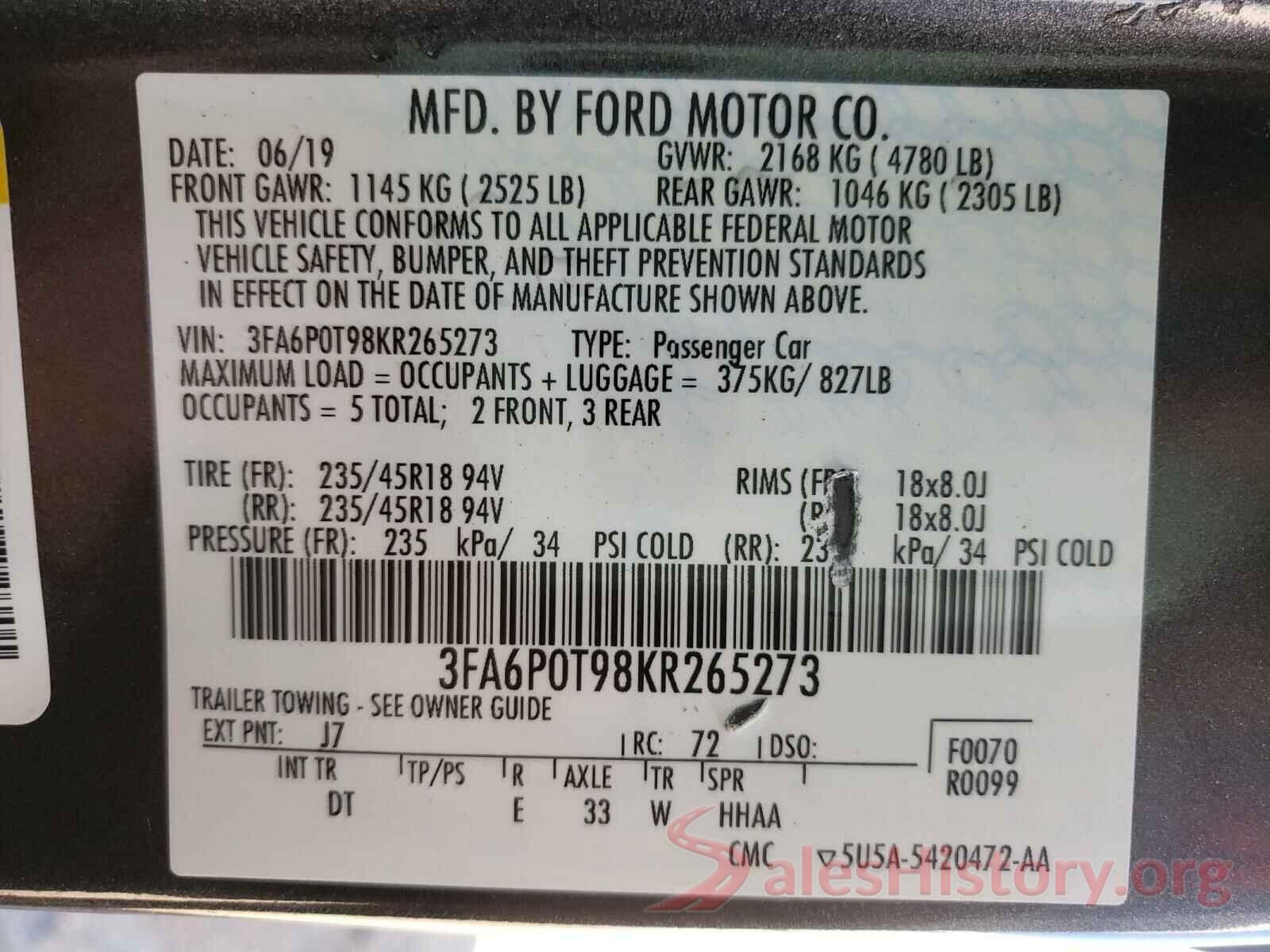 3FA6P0T98KR265273 2019 FORD FUSION