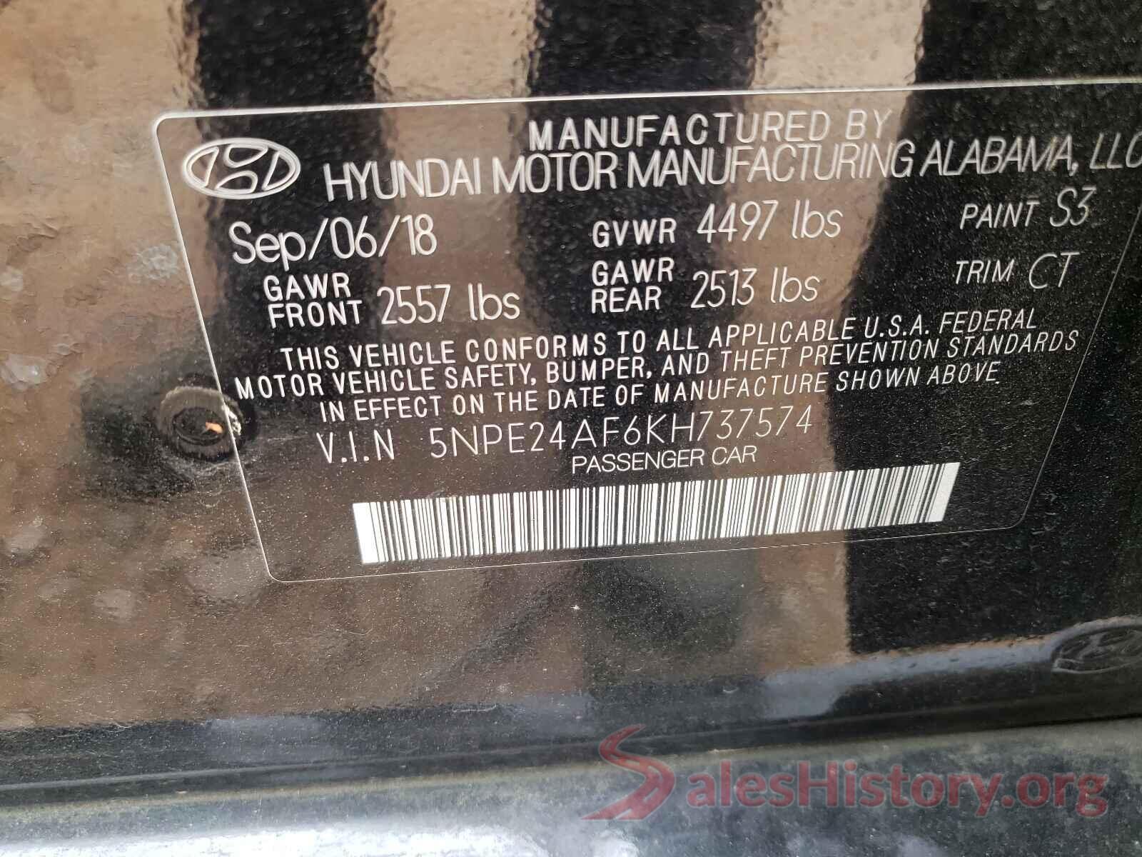 5NPE24AF6KH737574 2019 HYUNDAI SONATA