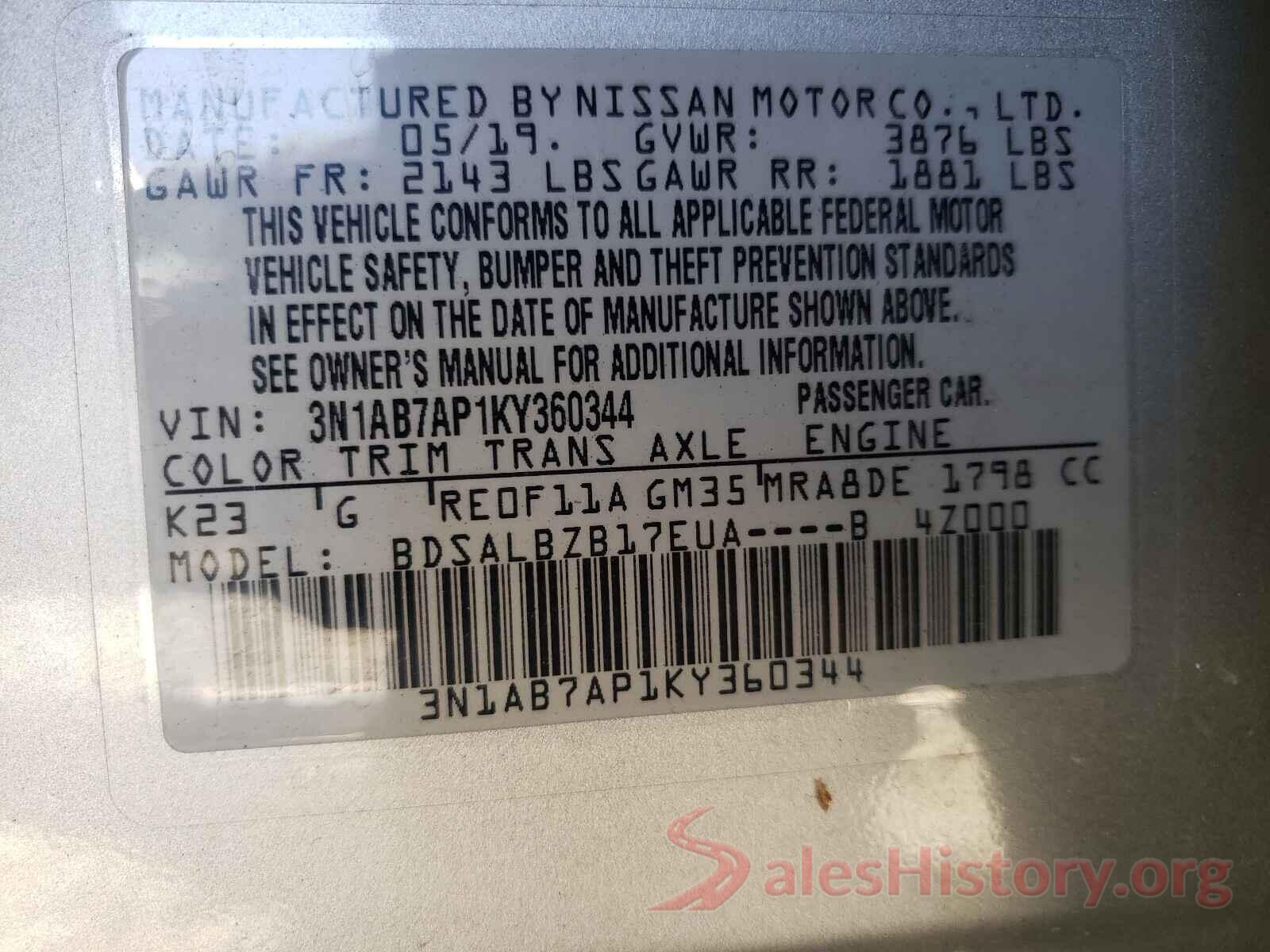 3N1AB7AP1KY360344 2019 NISSAN SENTRA