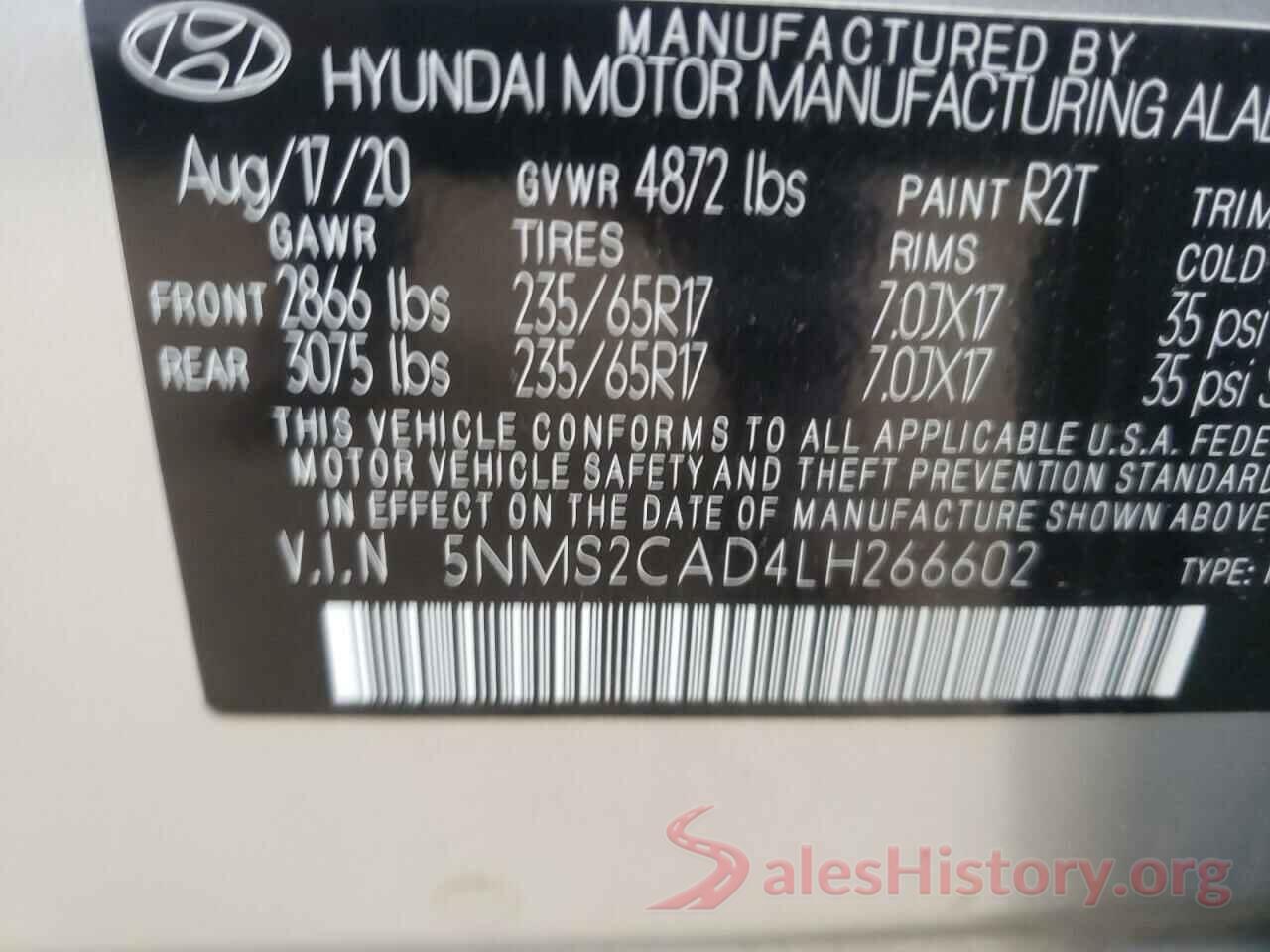 5NMS2CAD4LH266602 2020 HYUNDAI SANTA FE