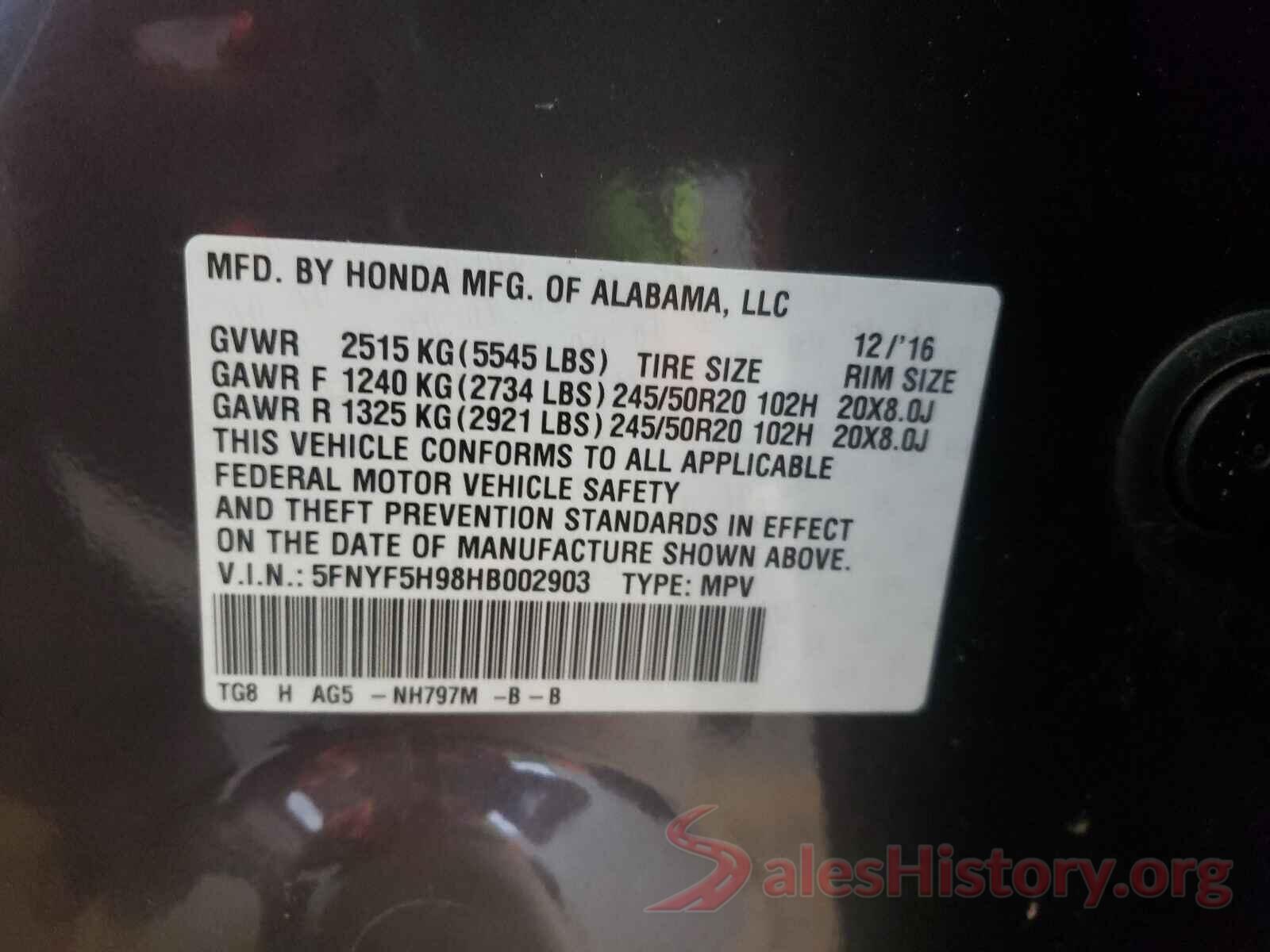 5FNYF5H98HB002903 2017 HONDA PILOT