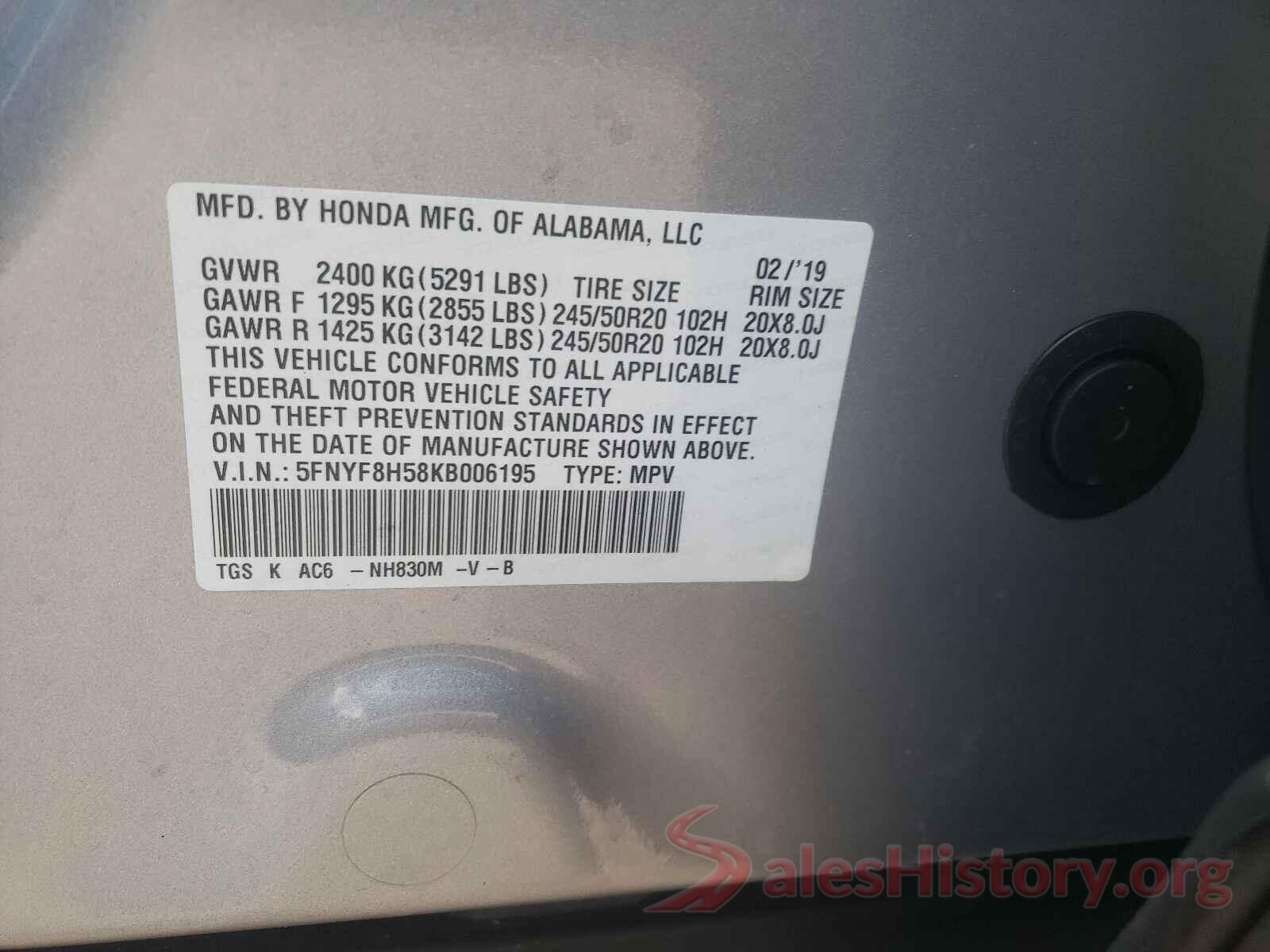 5FNYF8H58KB006195 2019 HONDA PASSPORT