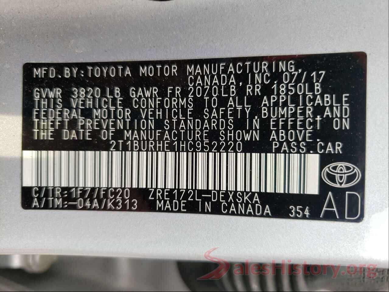 2T1BURHE1HC952220 2017 TOYOTA COROLLA