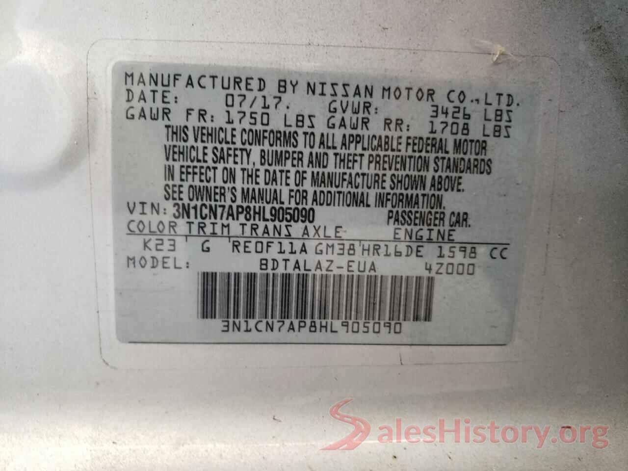 3N1CN7AP8HL905090 2017 NISSAN VERSA