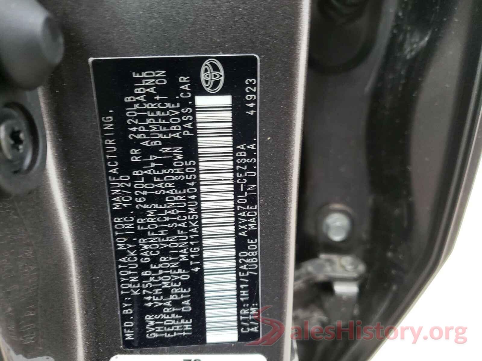 4T1G11AK5MU404505 2021 TOYOTA CAMRY