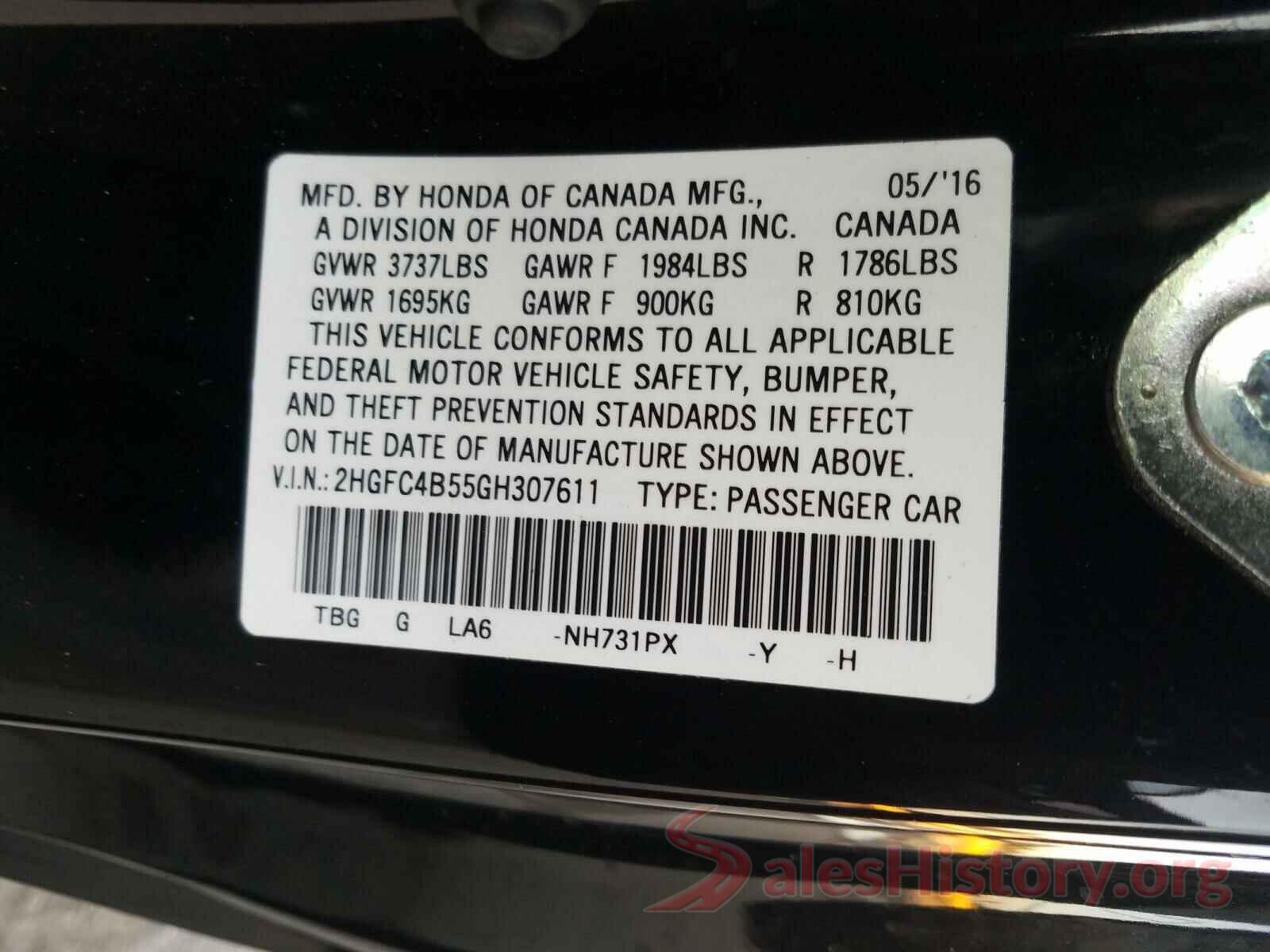 2HGFC4B55GH307611 2016 HONDA CIVIC