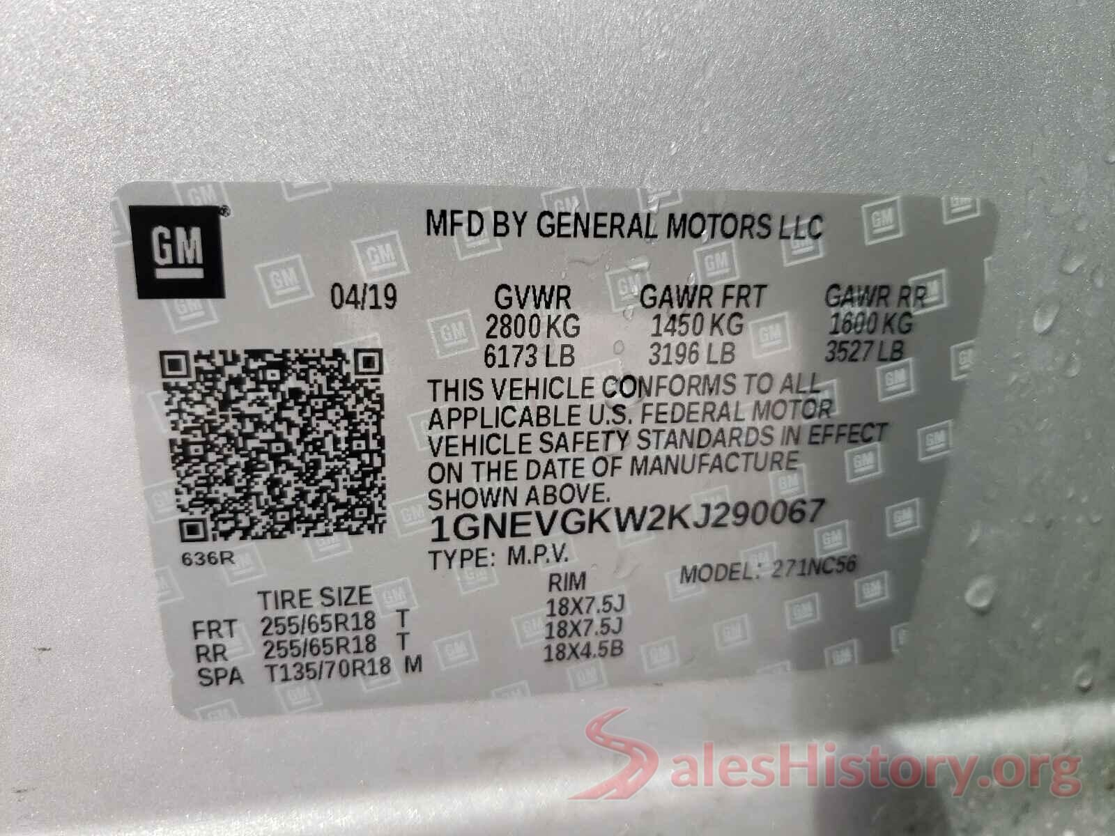 1GNEVGKW2KJ290067 2019 CHEVROLET TRAVERSE