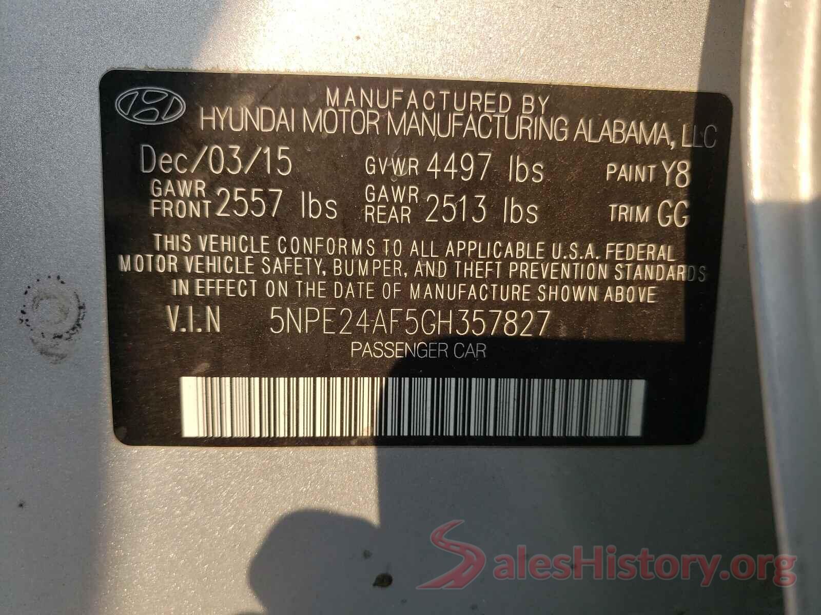 5NPE24AF5GH357827 2016 HYUNDAI SONATA