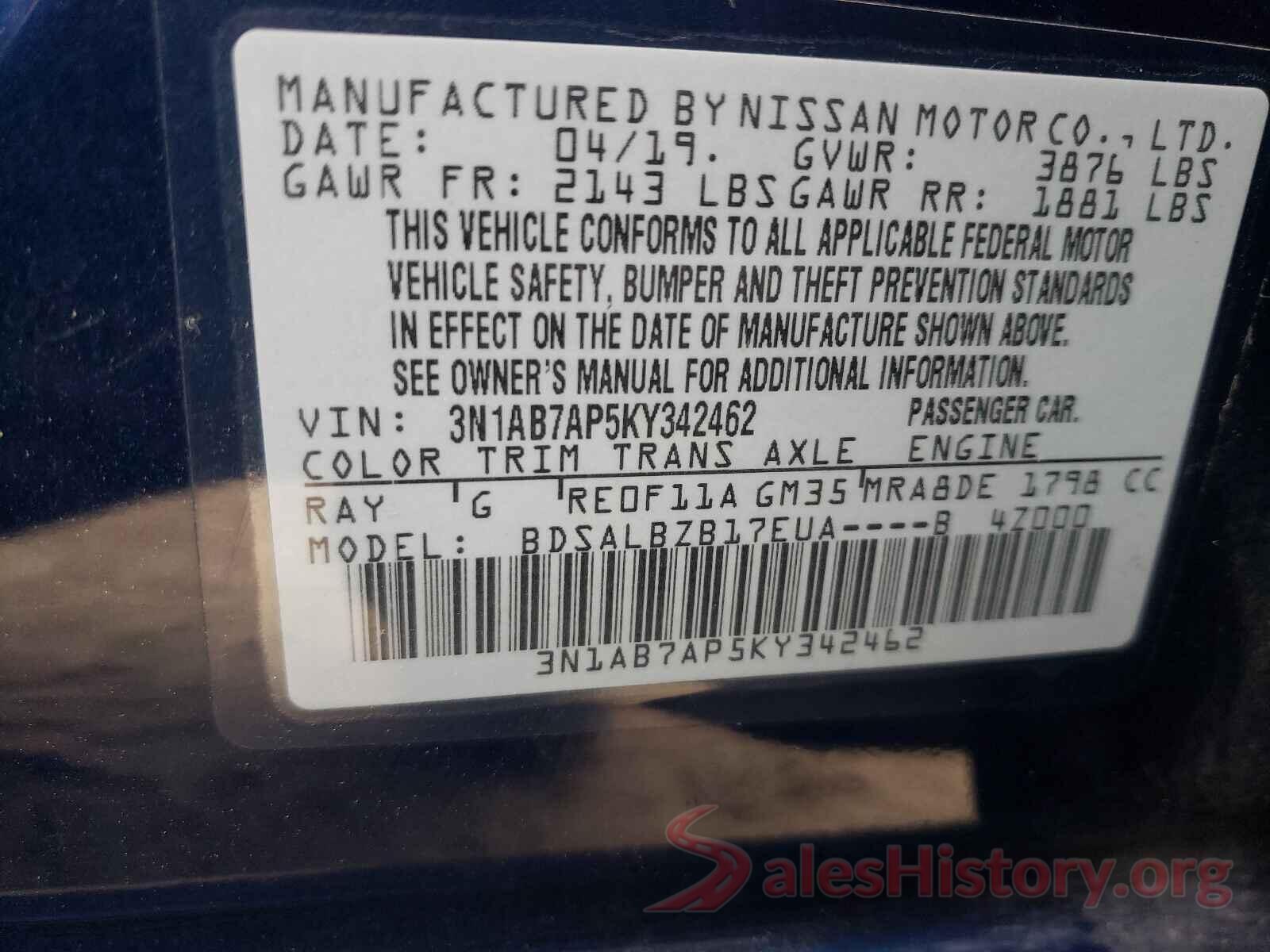 3N1AB7AP5KY342462 2019 NISSAN SENTRA