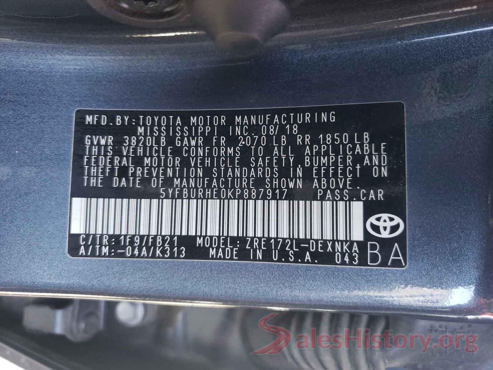 5YFBURHE0KP887917 2019 TOYOTA COROLLA