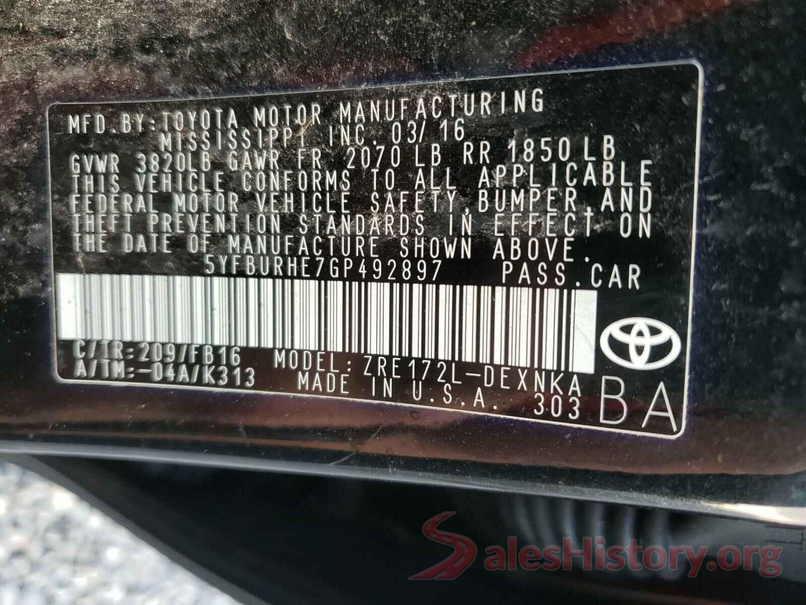 5YFBURHE7GP492897 2016 TOYOTA COROLLA