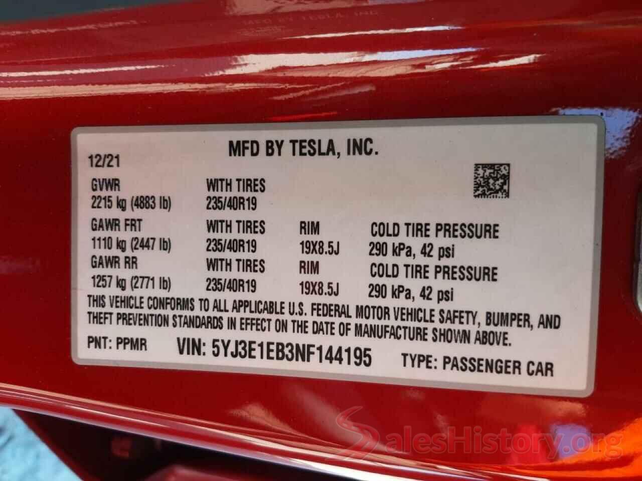 5YJ3E1EB3NF144195 2022 TESLA MODEL 3