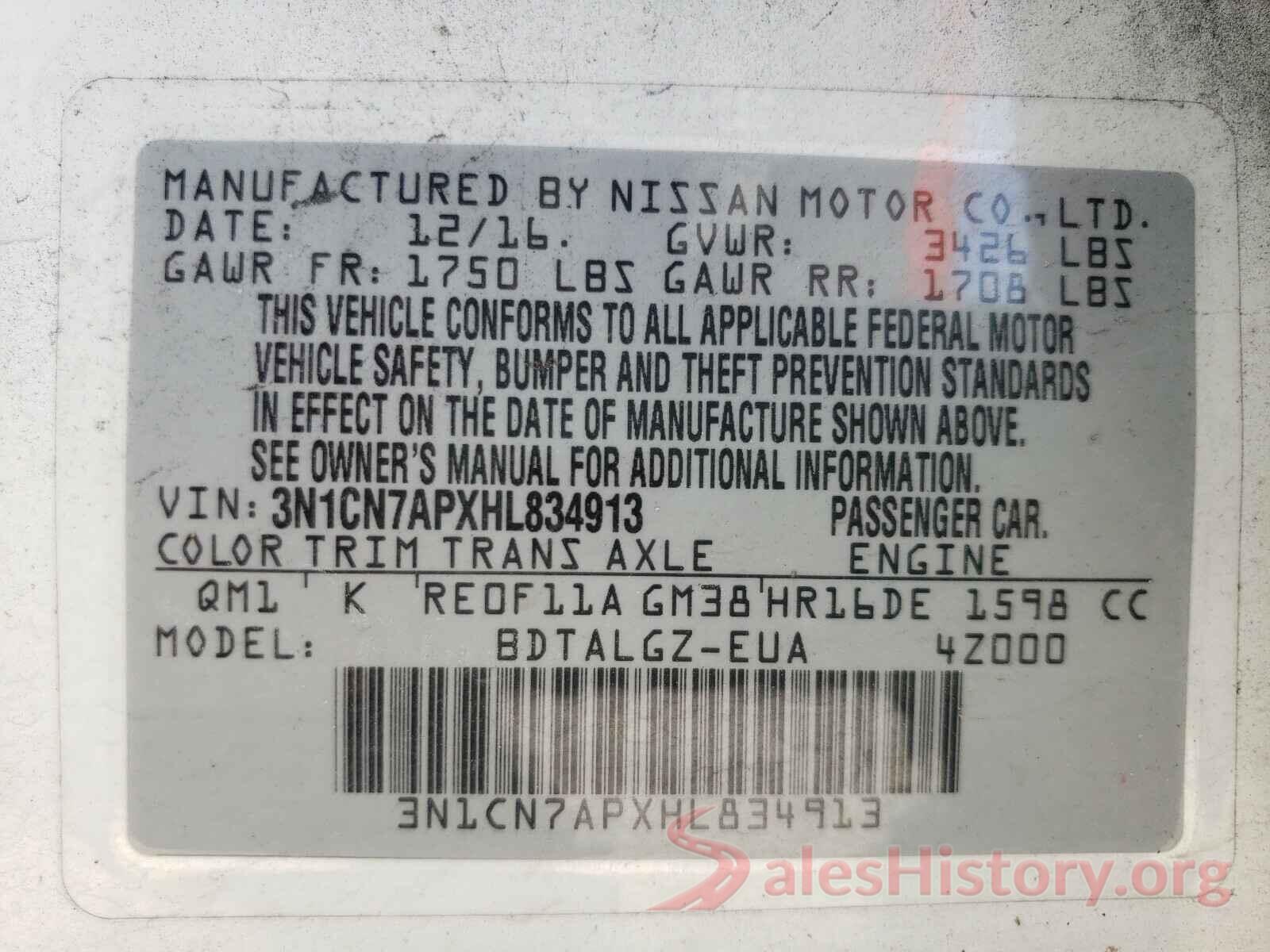 3N1CN7APXHL834913 2017 NISSAN VERSA