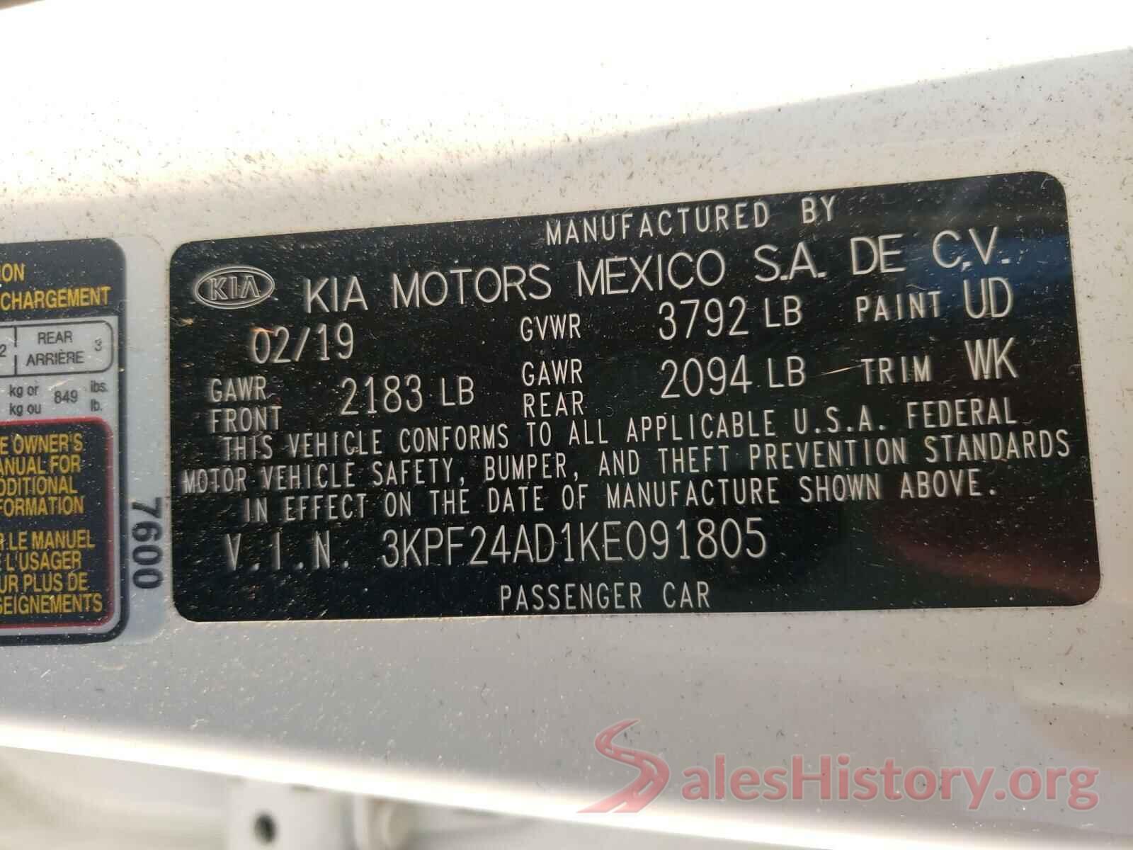 3KPF24AD1KE091805 2019 KIA FORTE