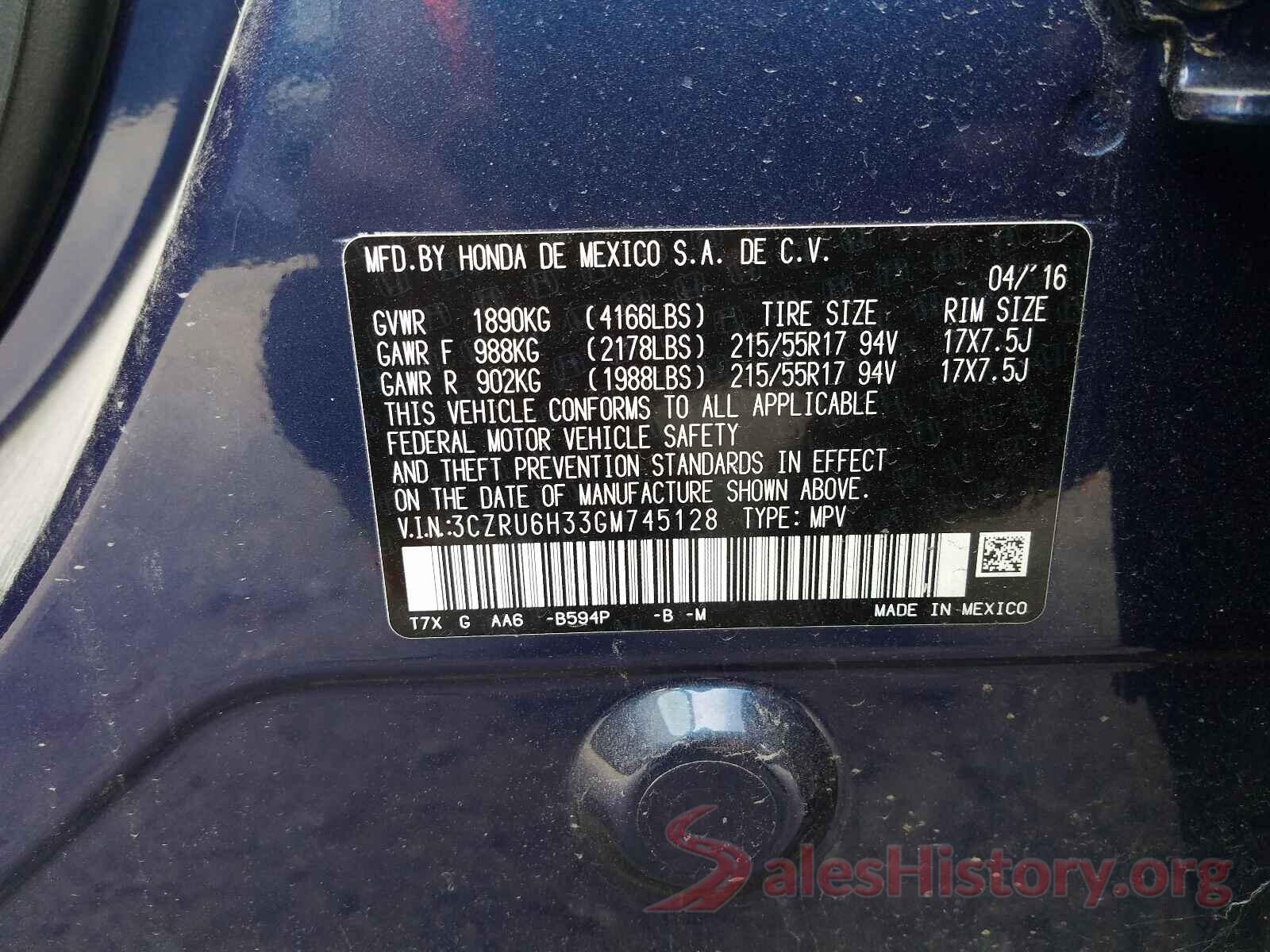 3CZRU6H33GM745128 2016 HONDA HR-V