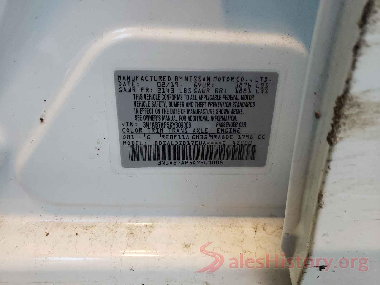 3N1AB7AP5KY309008 2019 NISSAN SENTRA