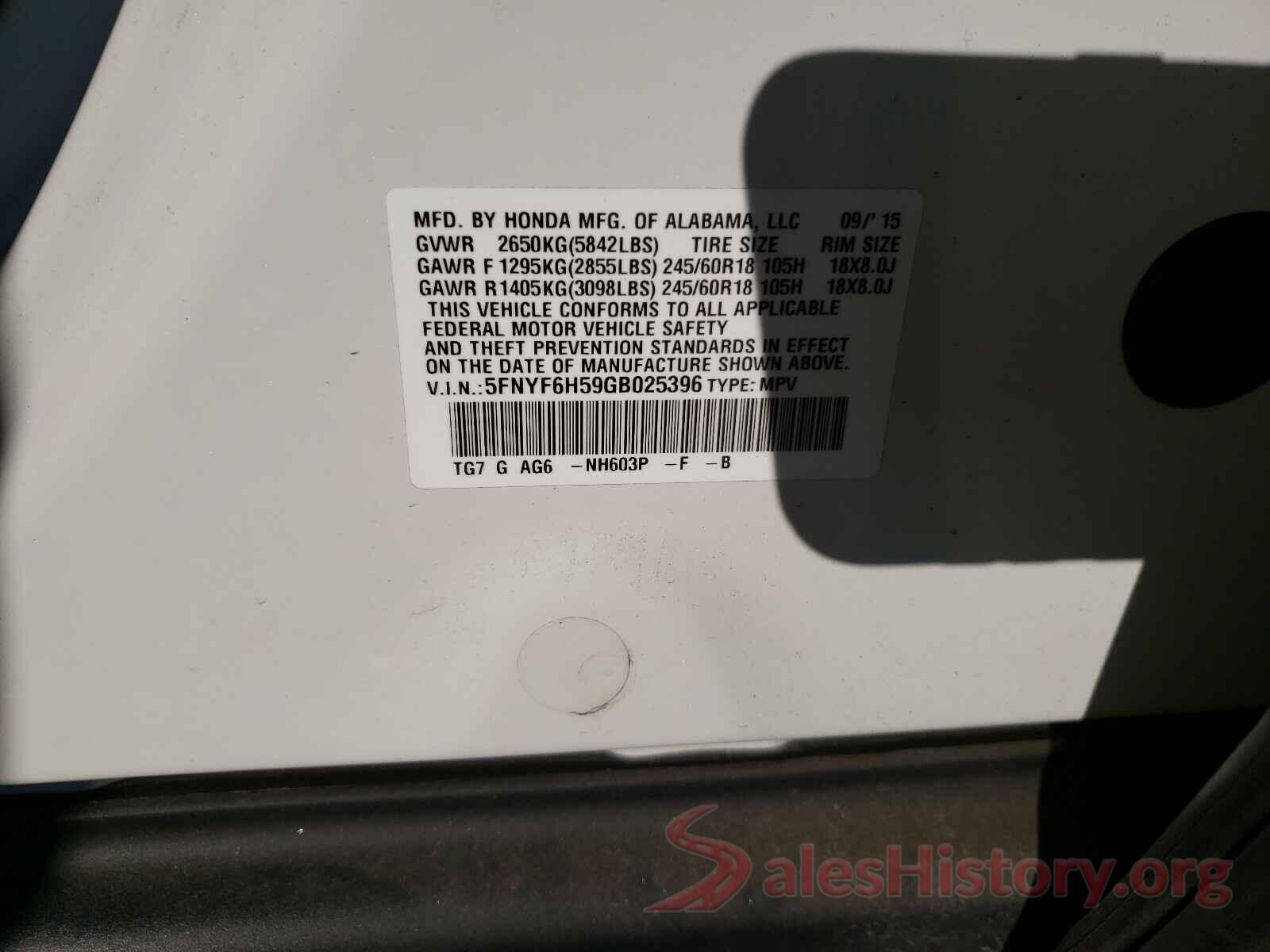 5FNYF6H59GB025396 2016 HONDA PILOT