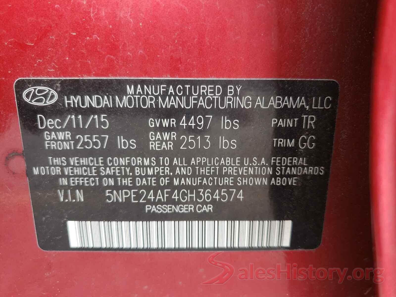 5NPE24AF4GH364574 2016 HYUNDAI SONATA