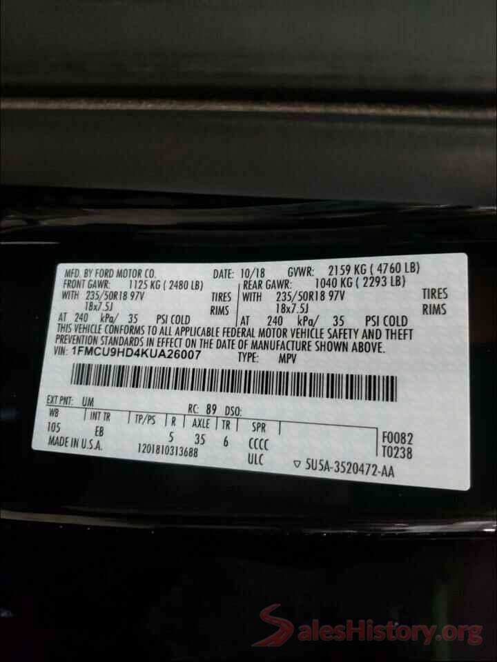 1FMCU9HD4KUA26007 2019 FORD ESCAPE