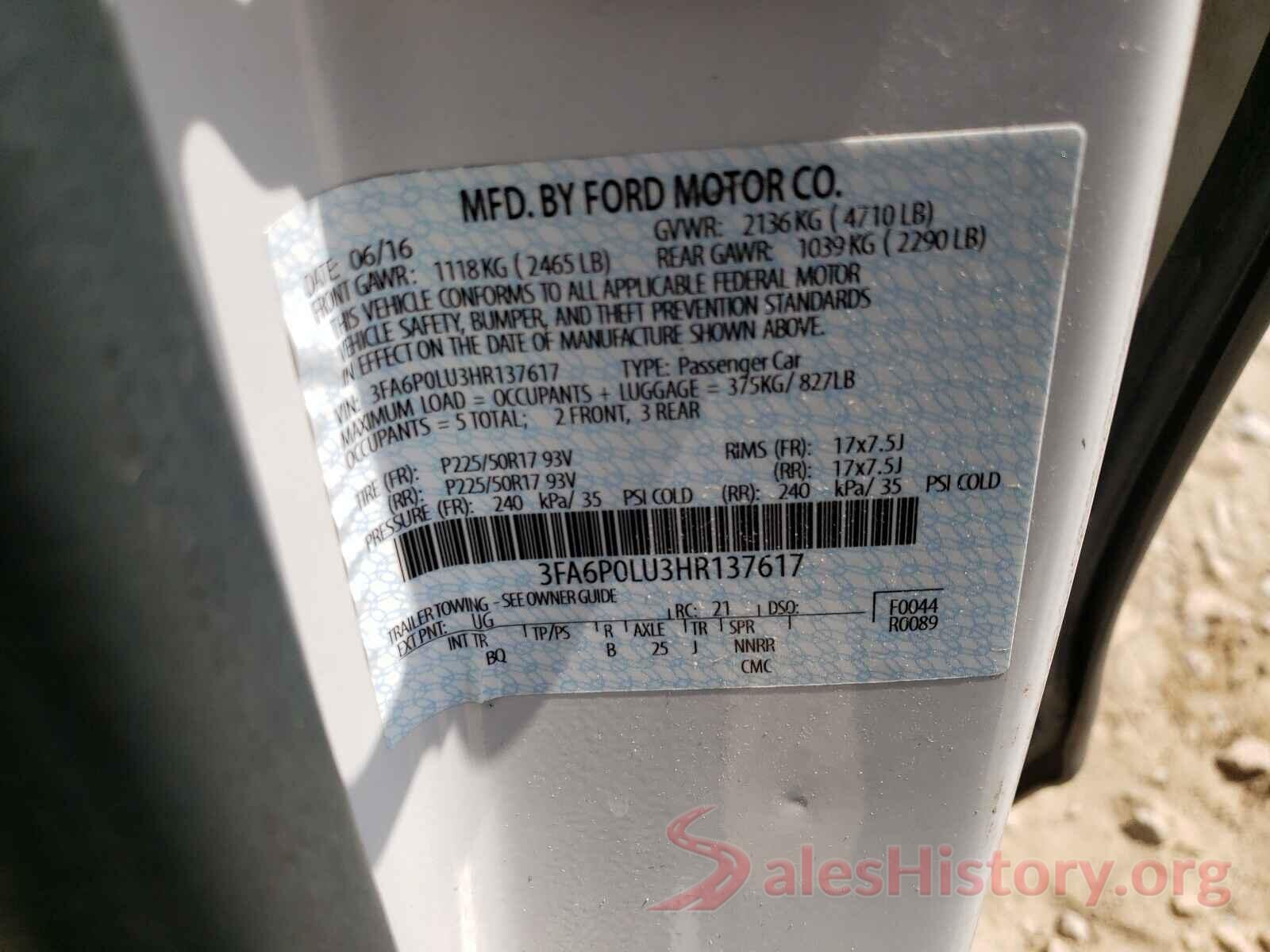 3FA6P0LU3HR137617 2017 FORD FUSION