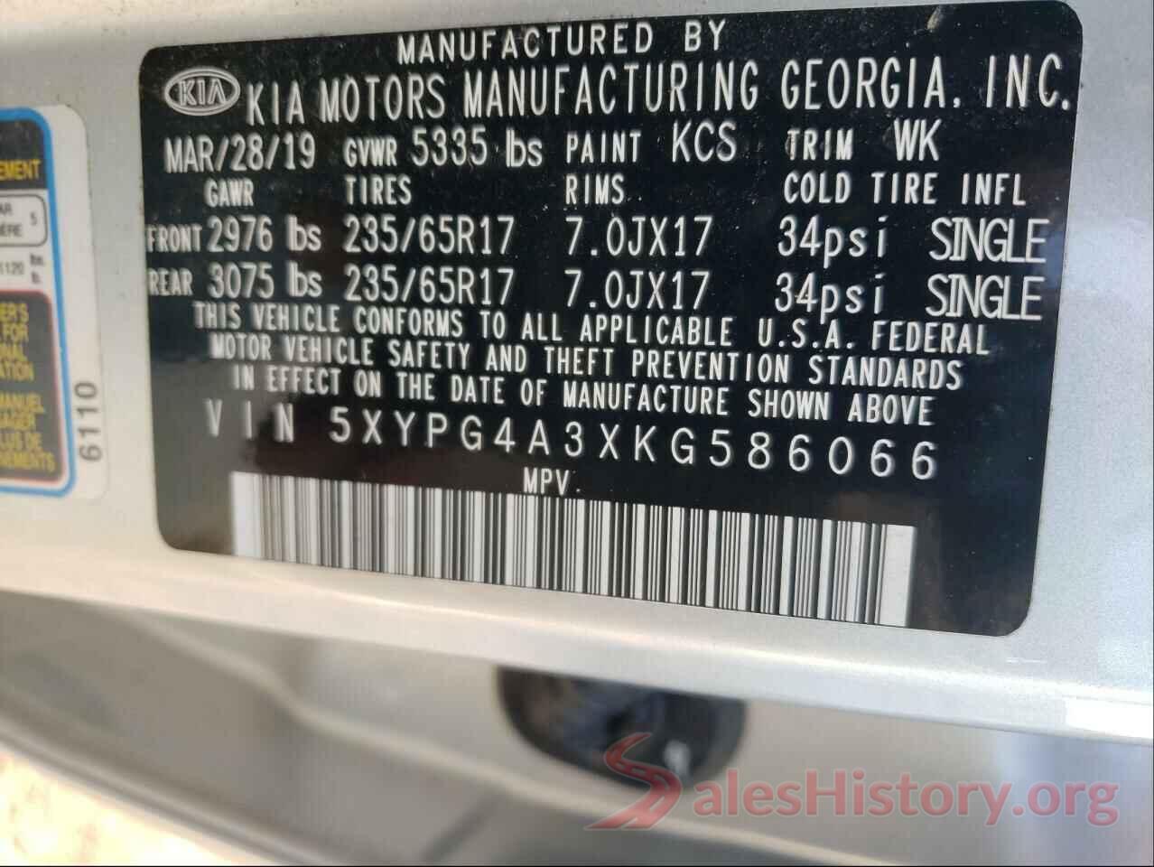 5XYPG4A3XKG586066 2019 KIA SORENTO