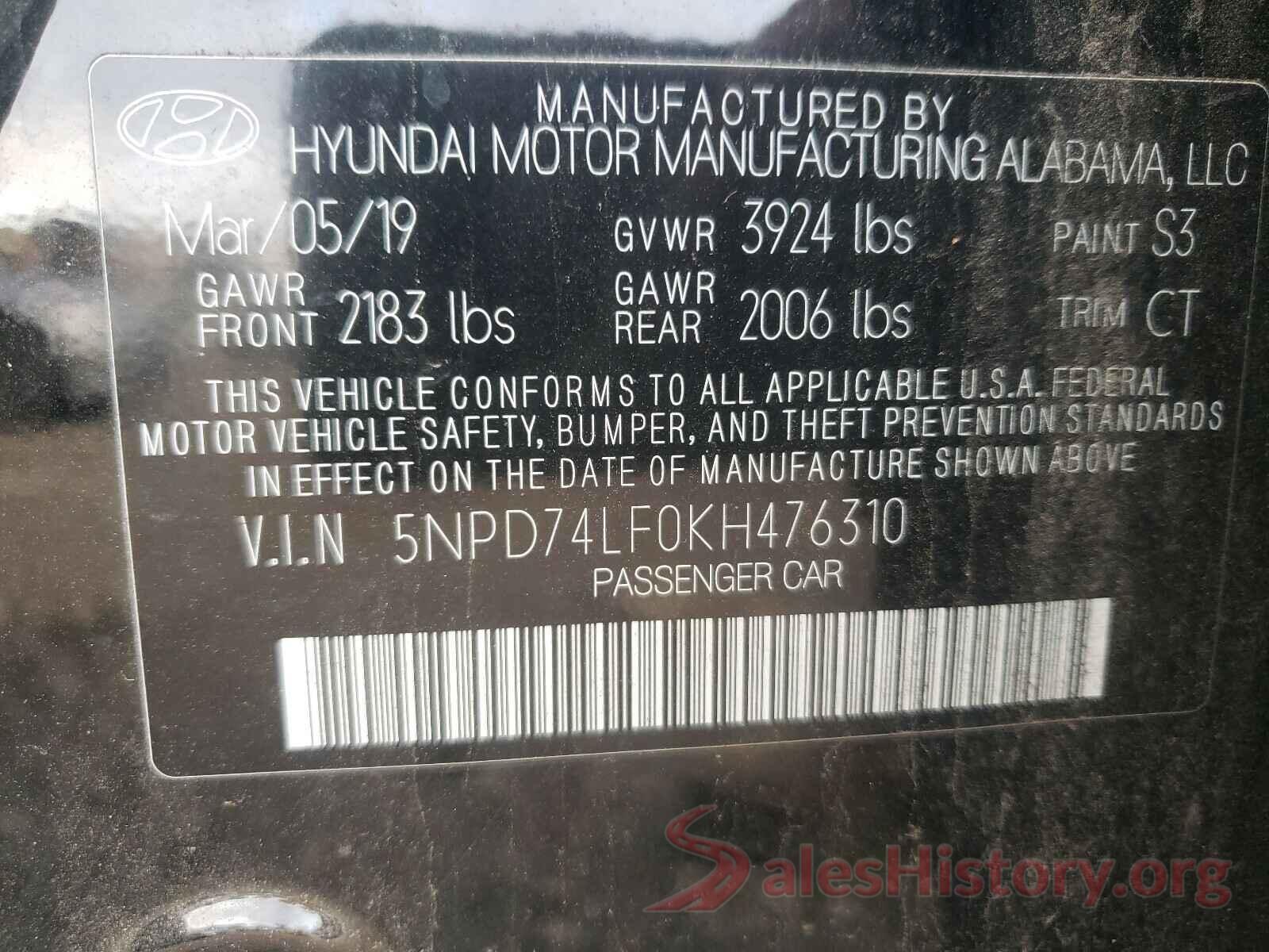 5NPD74LF0KH476310 2019 HYUNDAI ELANTRA