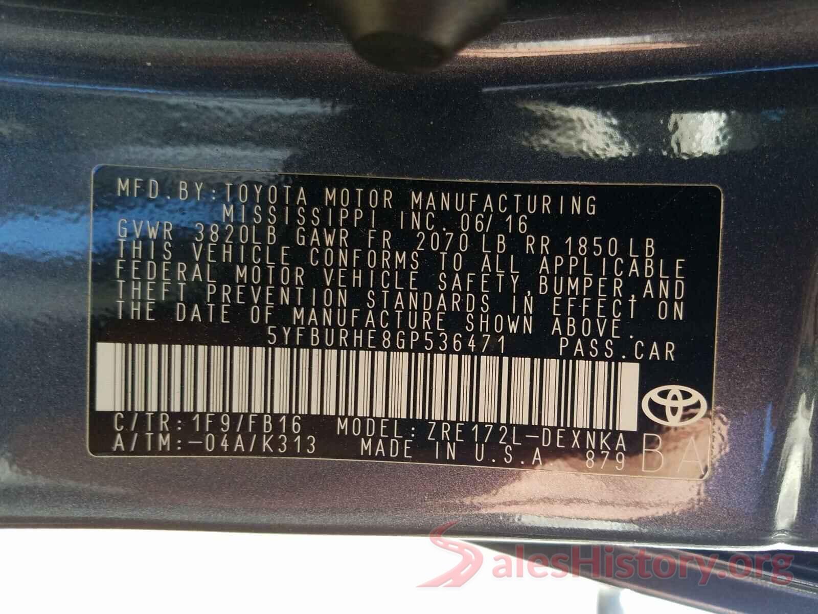 5YFBURHE8GP536471 2016 TOYOTA COROLLA