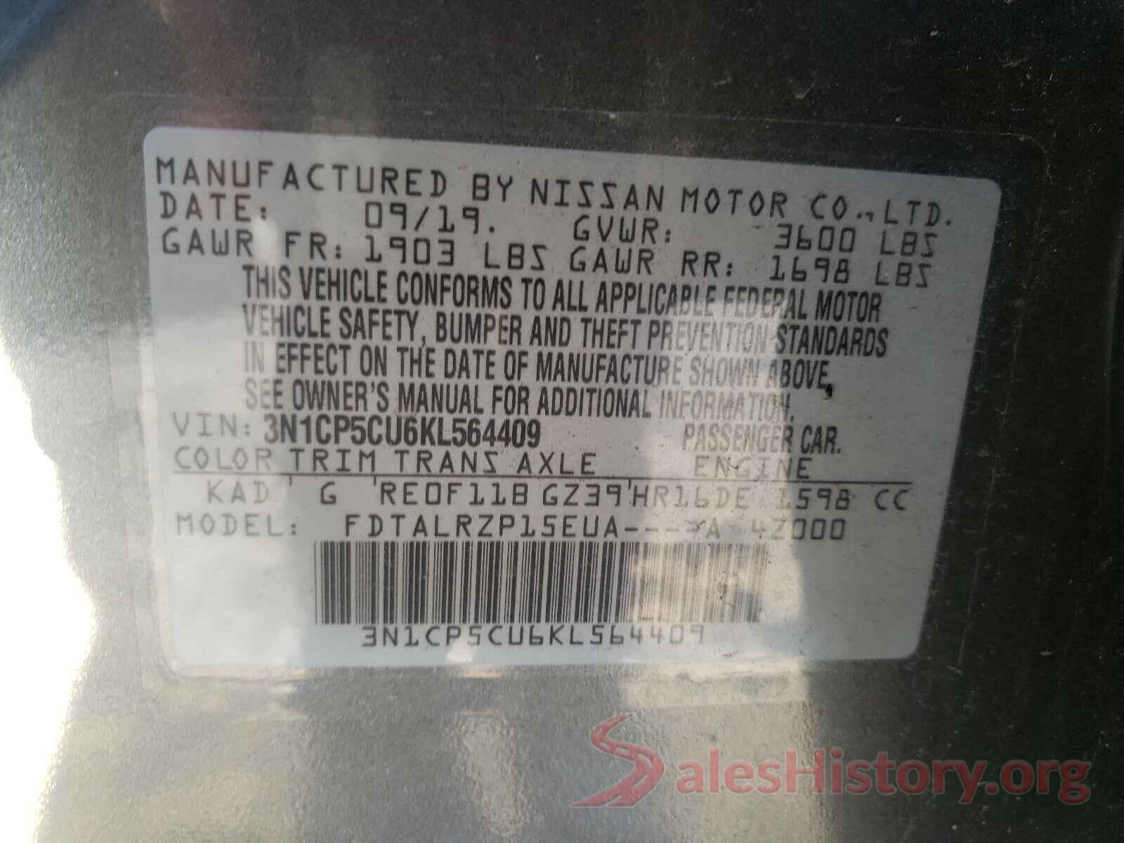 3N1CP5CU6KL564409 2019 NISSAN KICKS