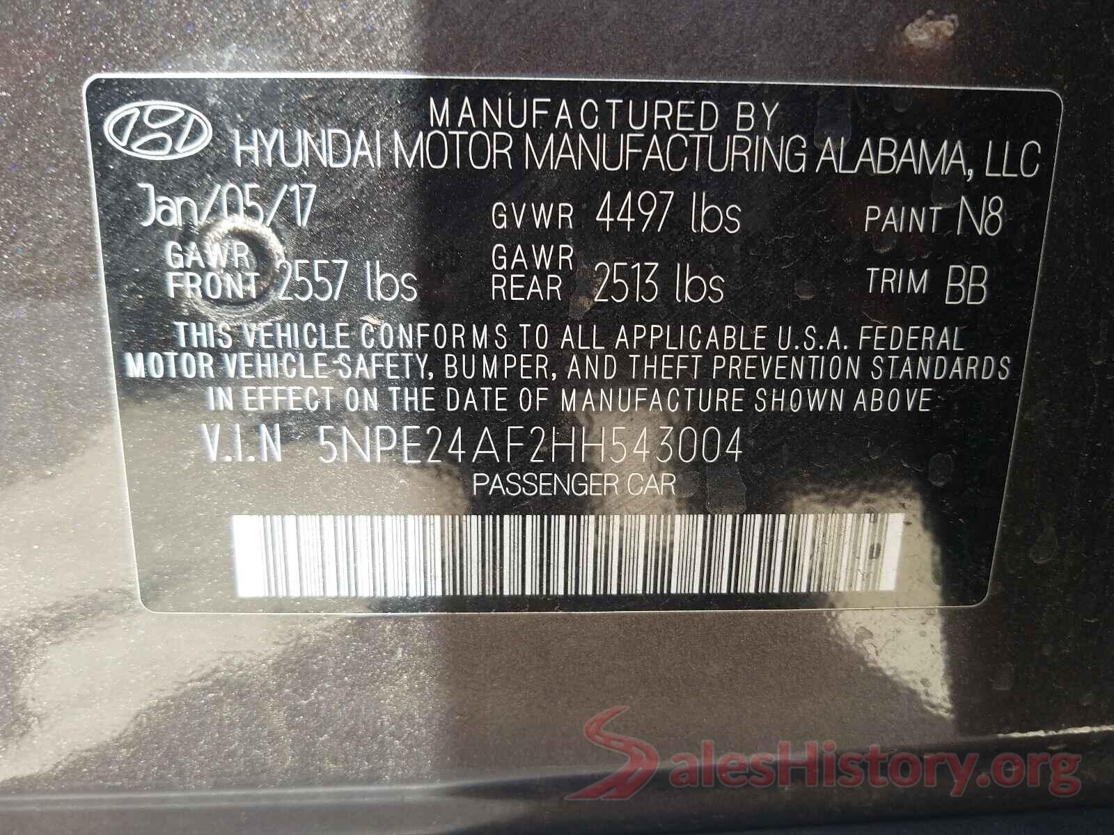 5NPE24AF2HH543004 2017 HYUNDAI SONATA