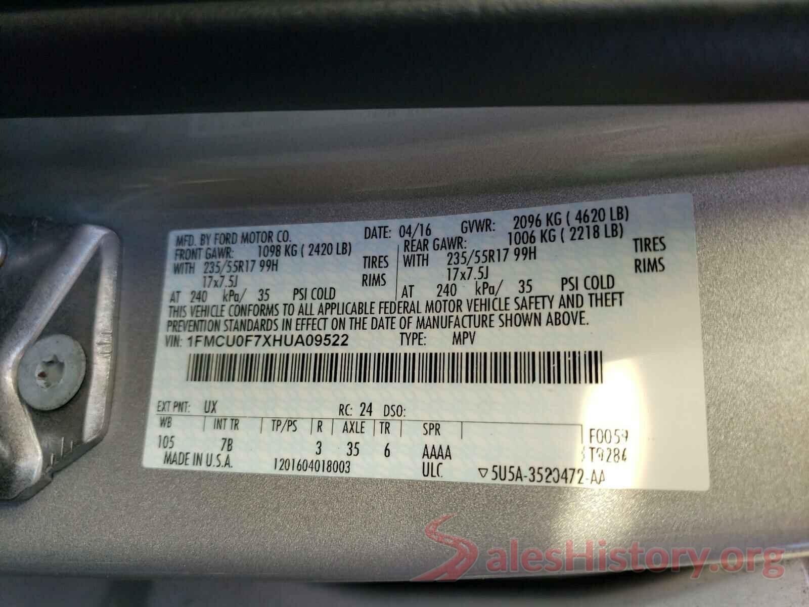 1FMCU0F7XHUA09522 2017 FORD ESCAPE