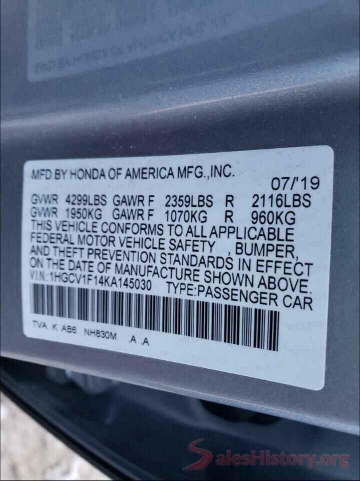 1HGCV1F14KA145030 2019 HONDA ACCORD