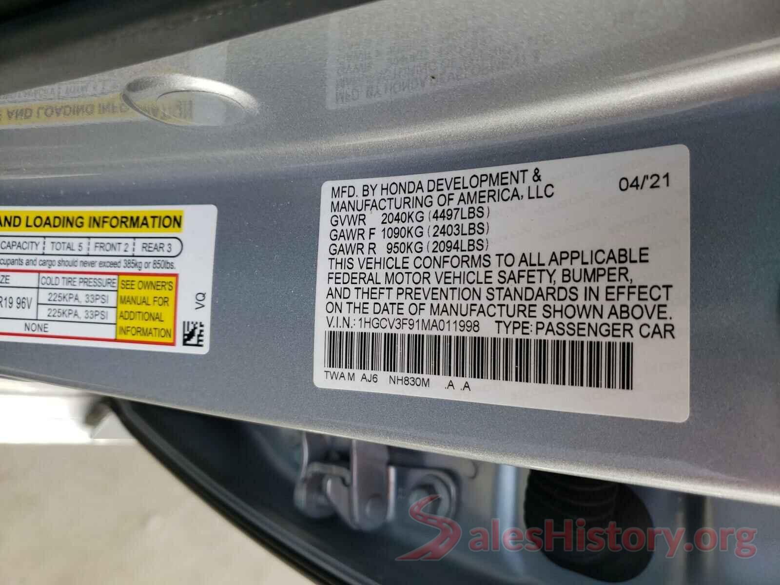 1HGCV3F91MA011998 2021 HONDA ACCORD