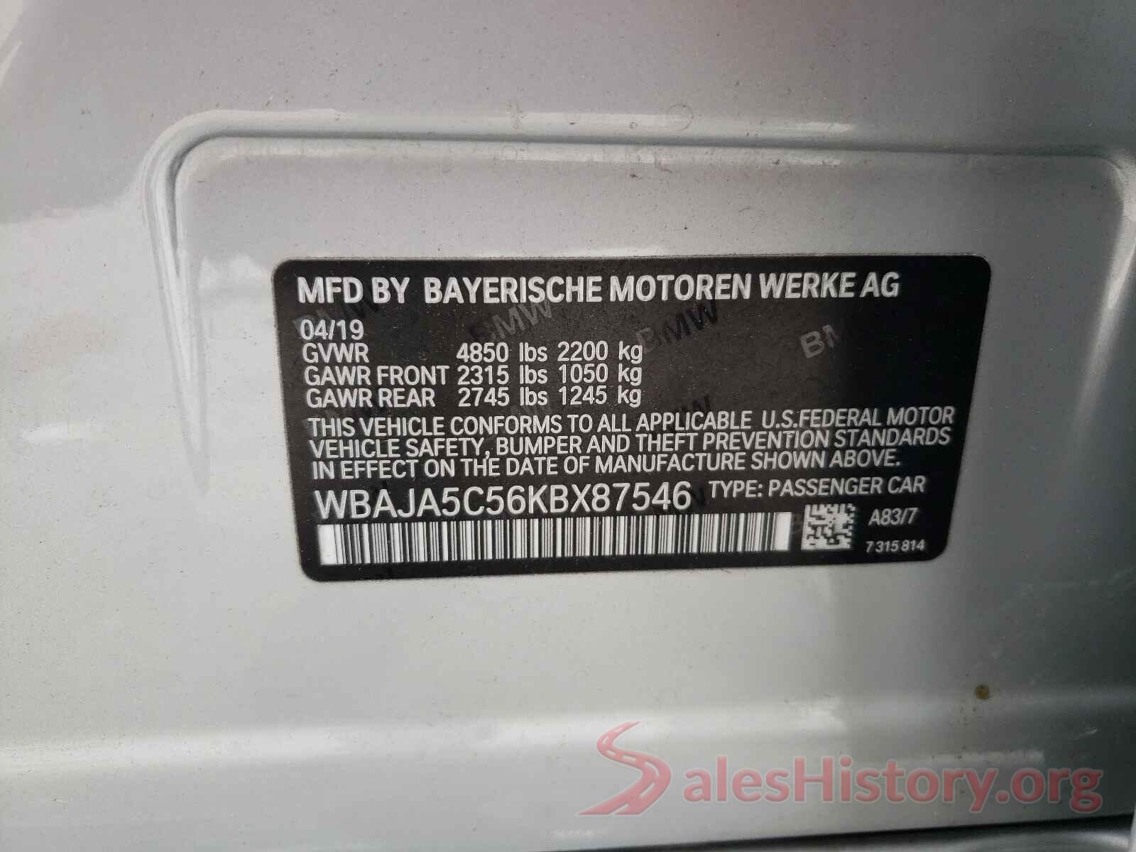 WBAJA5C56KBX87546 2019 BMW 5 SERIES