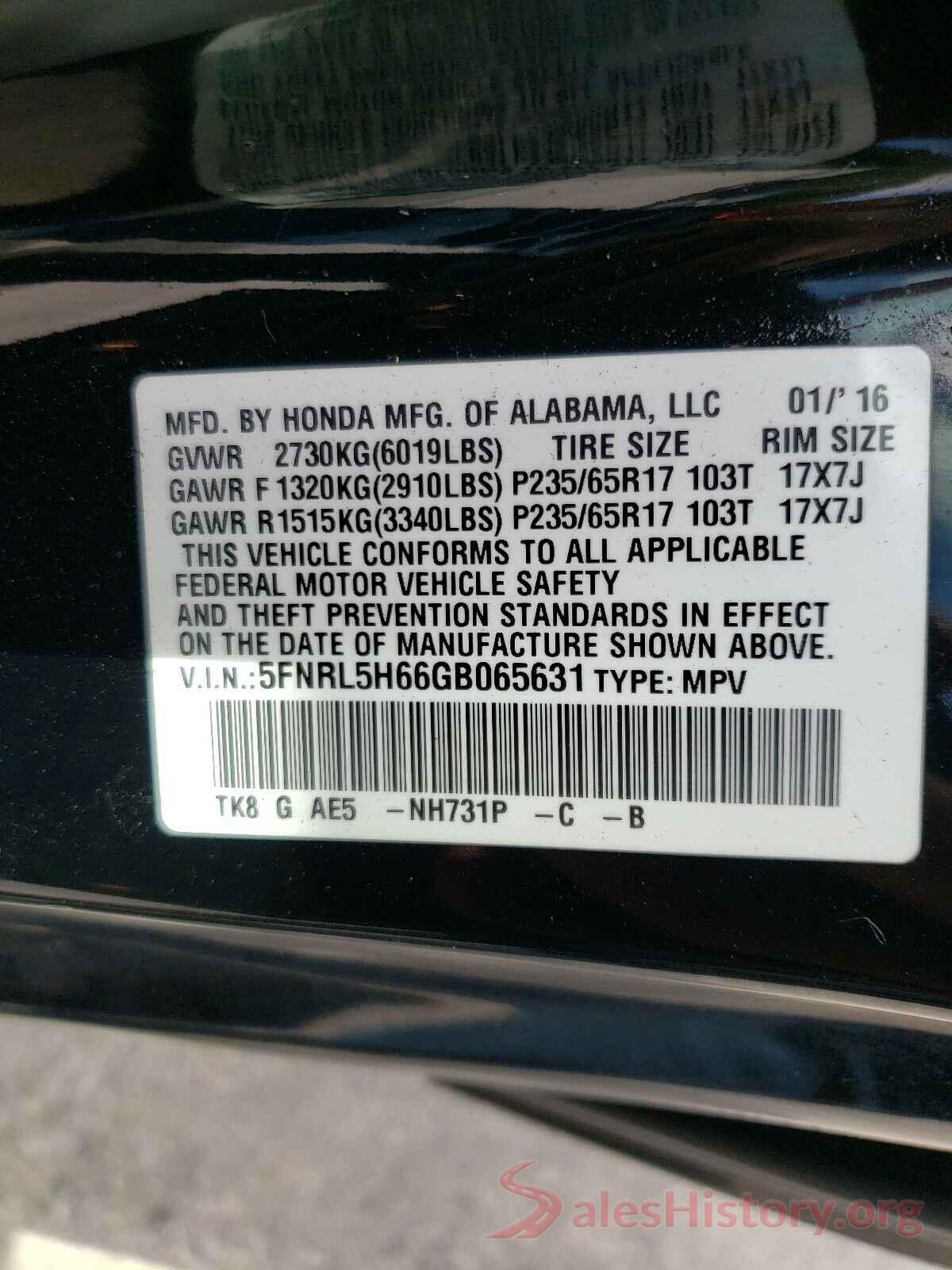 5FNRL5H66GB065631 2016 HONDA ODYSSEY