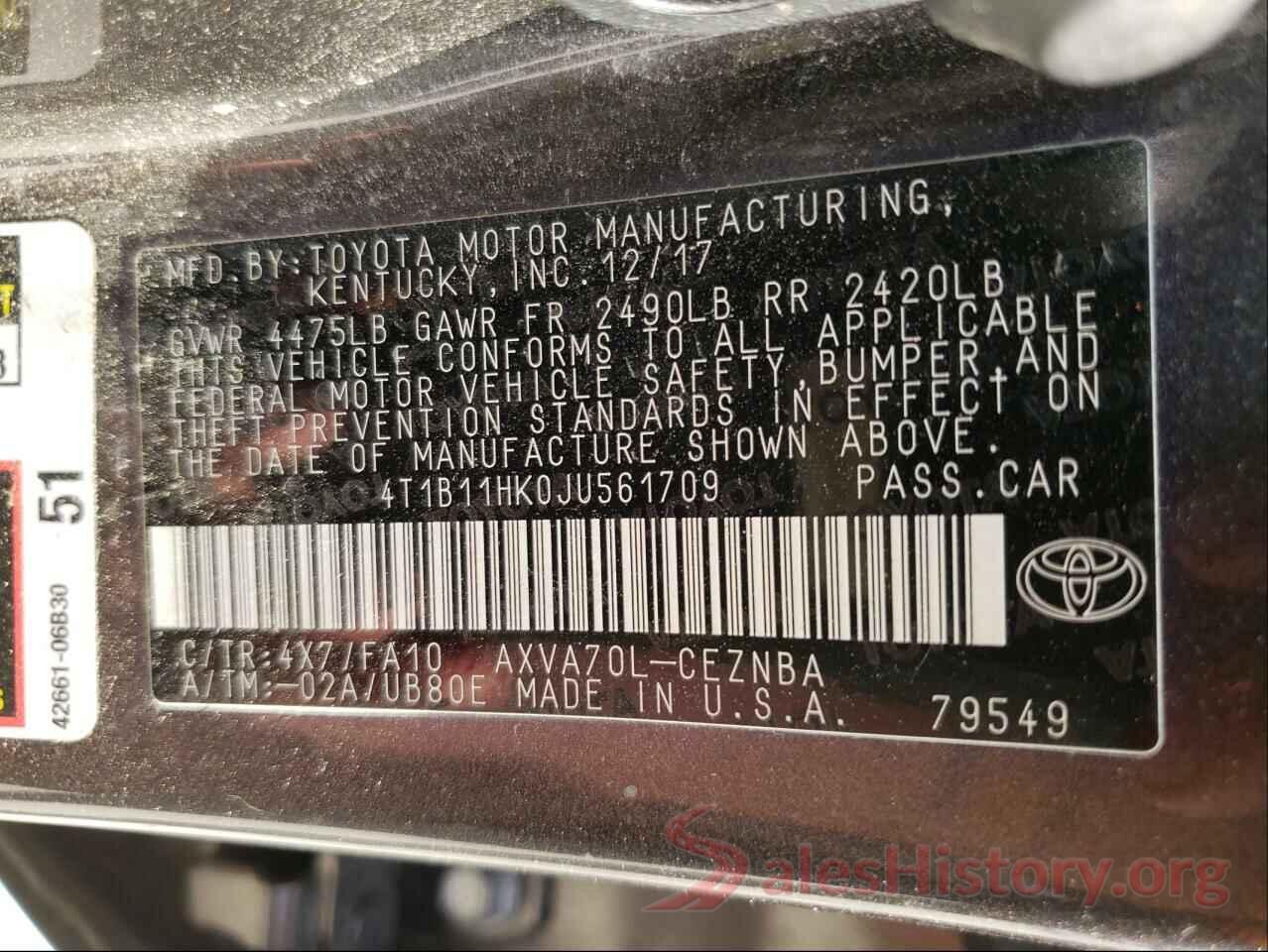 4T1B11HK0JU561709 2018 TOYOTA CAMRY