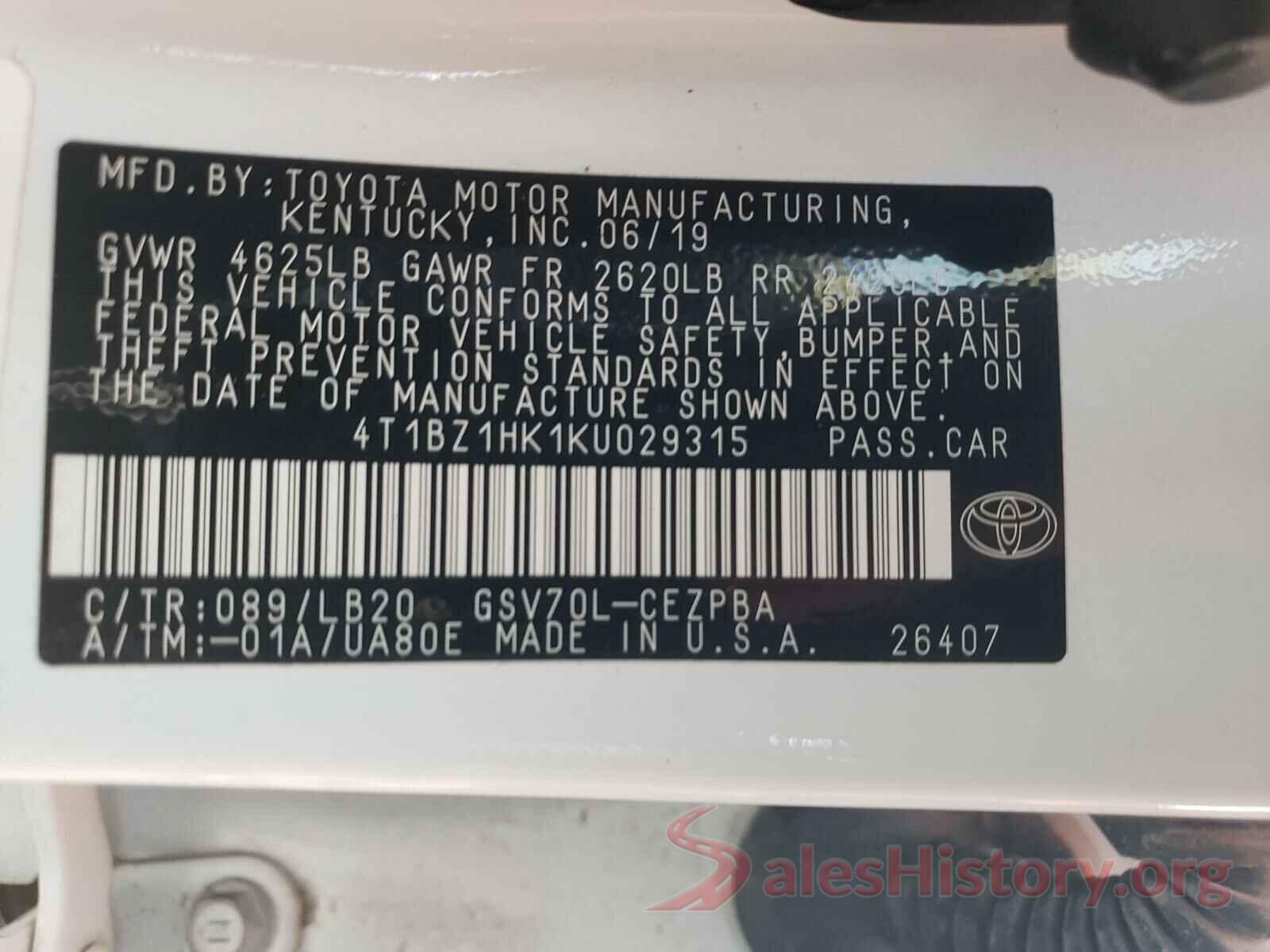 4T1BZ1HK1KU029315 2019 TOYOTA CAMRY