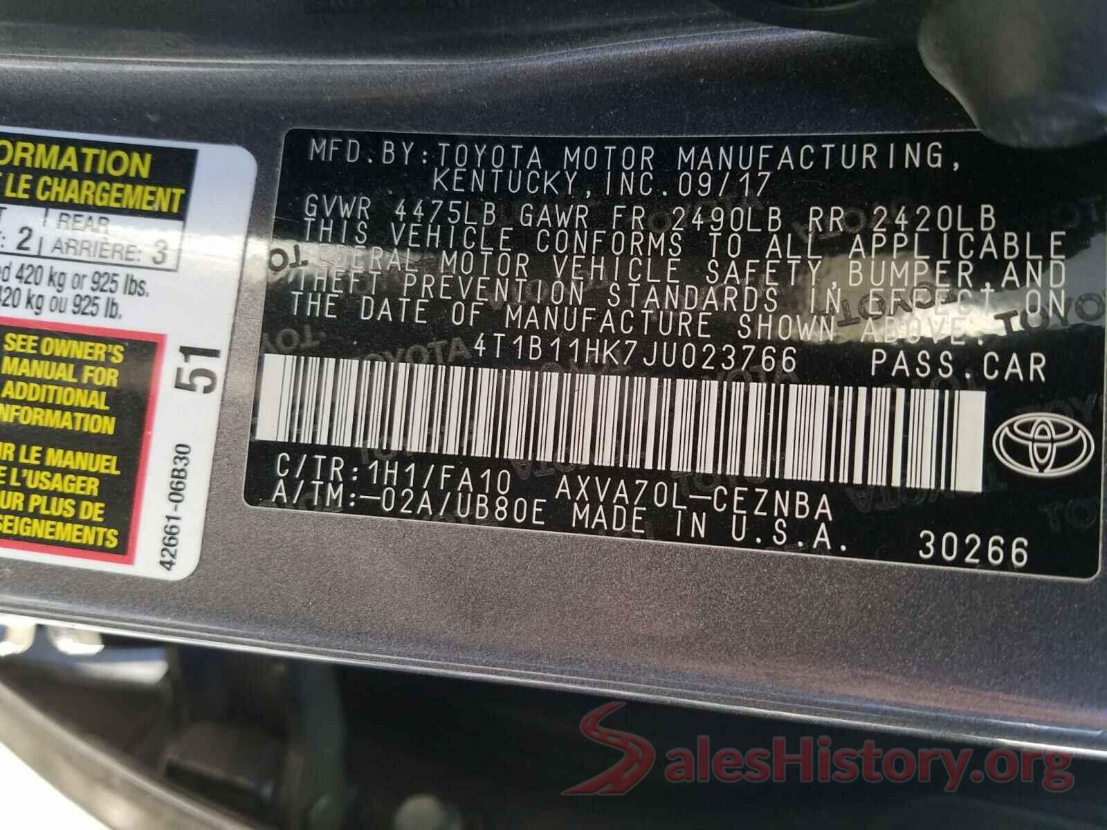 4T1B11HK7JU023766 2018 TOYOTA CAMRY