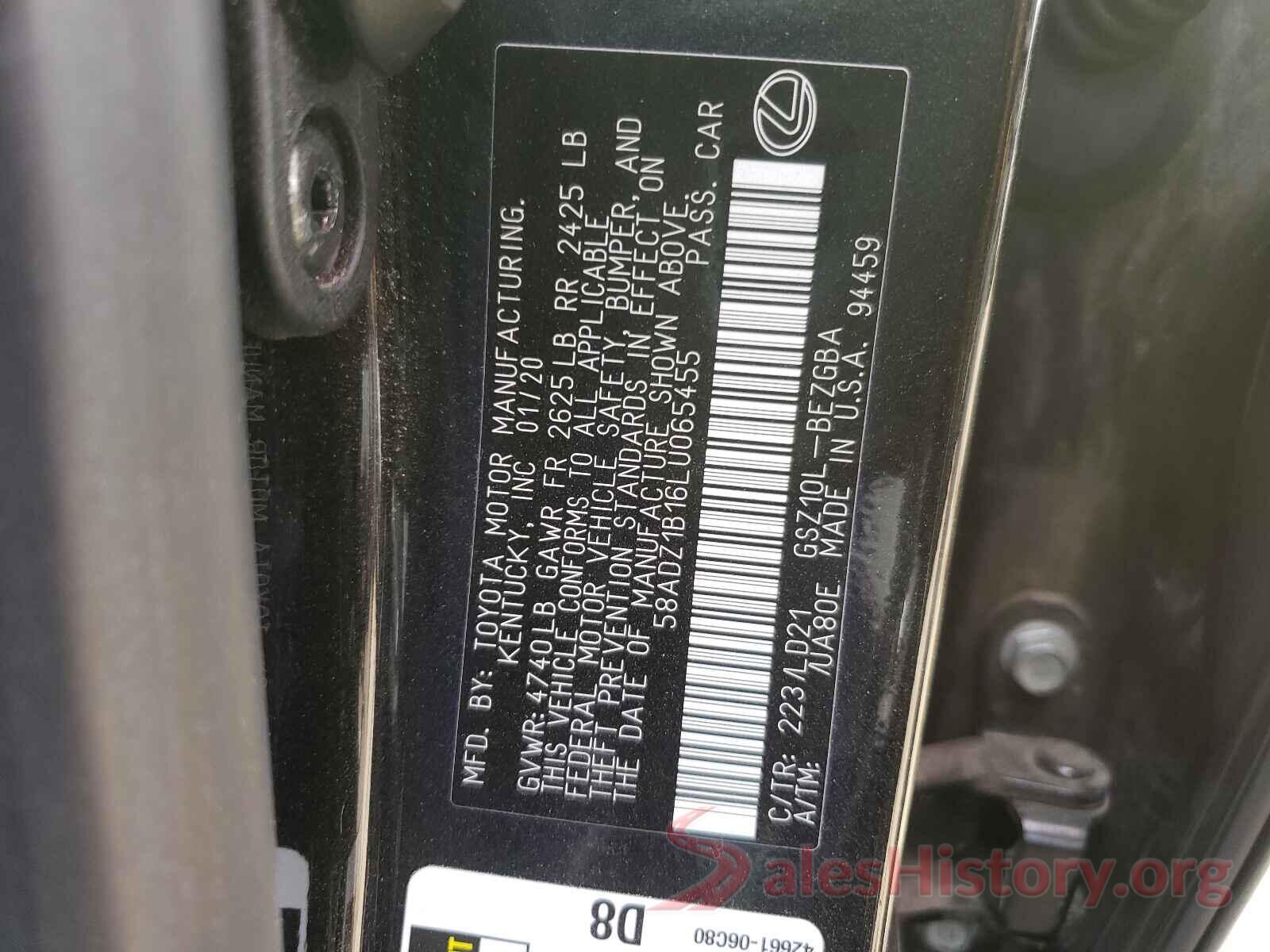 58ADZ1B16LU065455 2020 LEXUS ES350