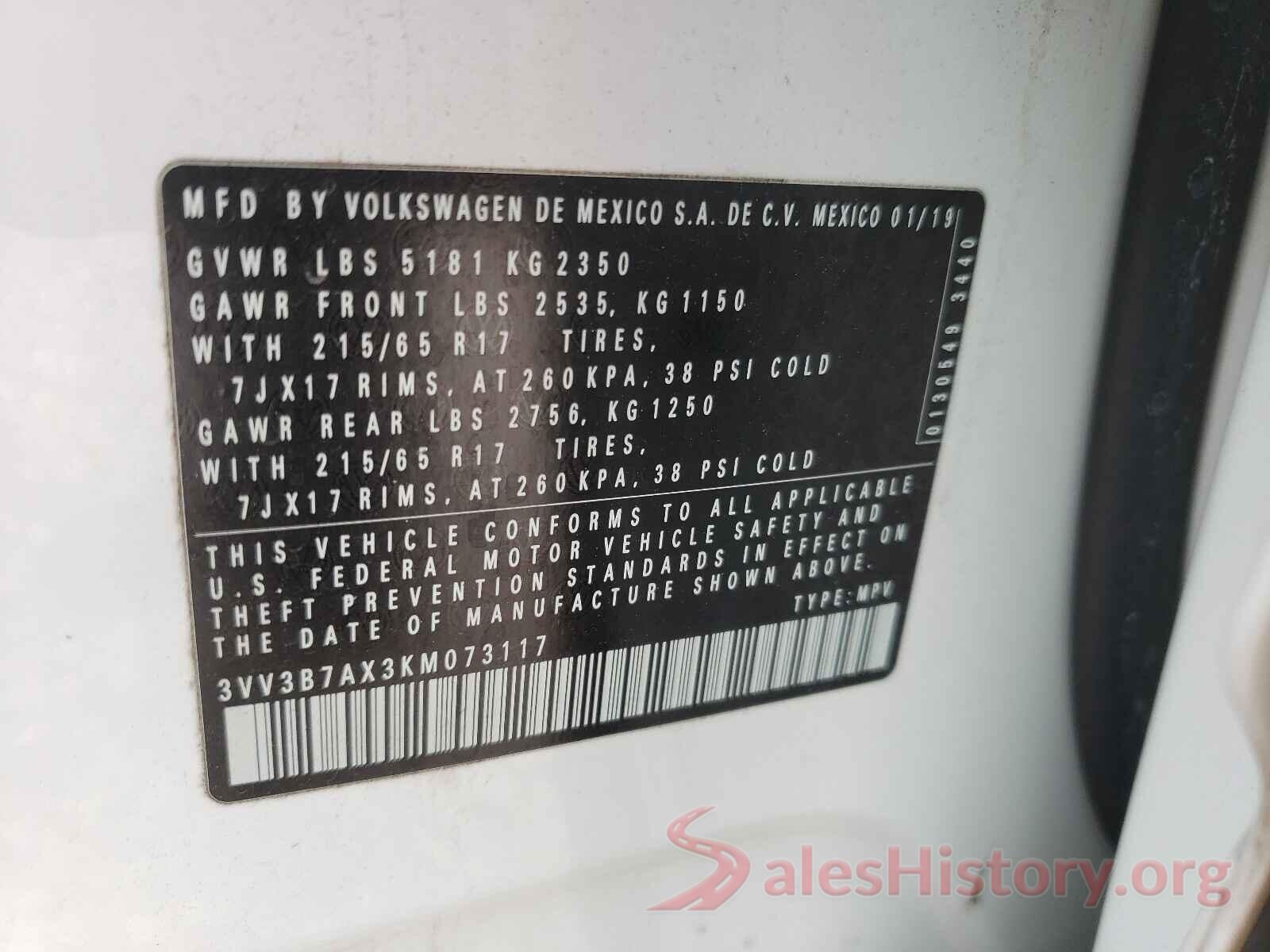 3VV3B7AX3KM073117 2019 VOLKSWAGEN TIGUAN